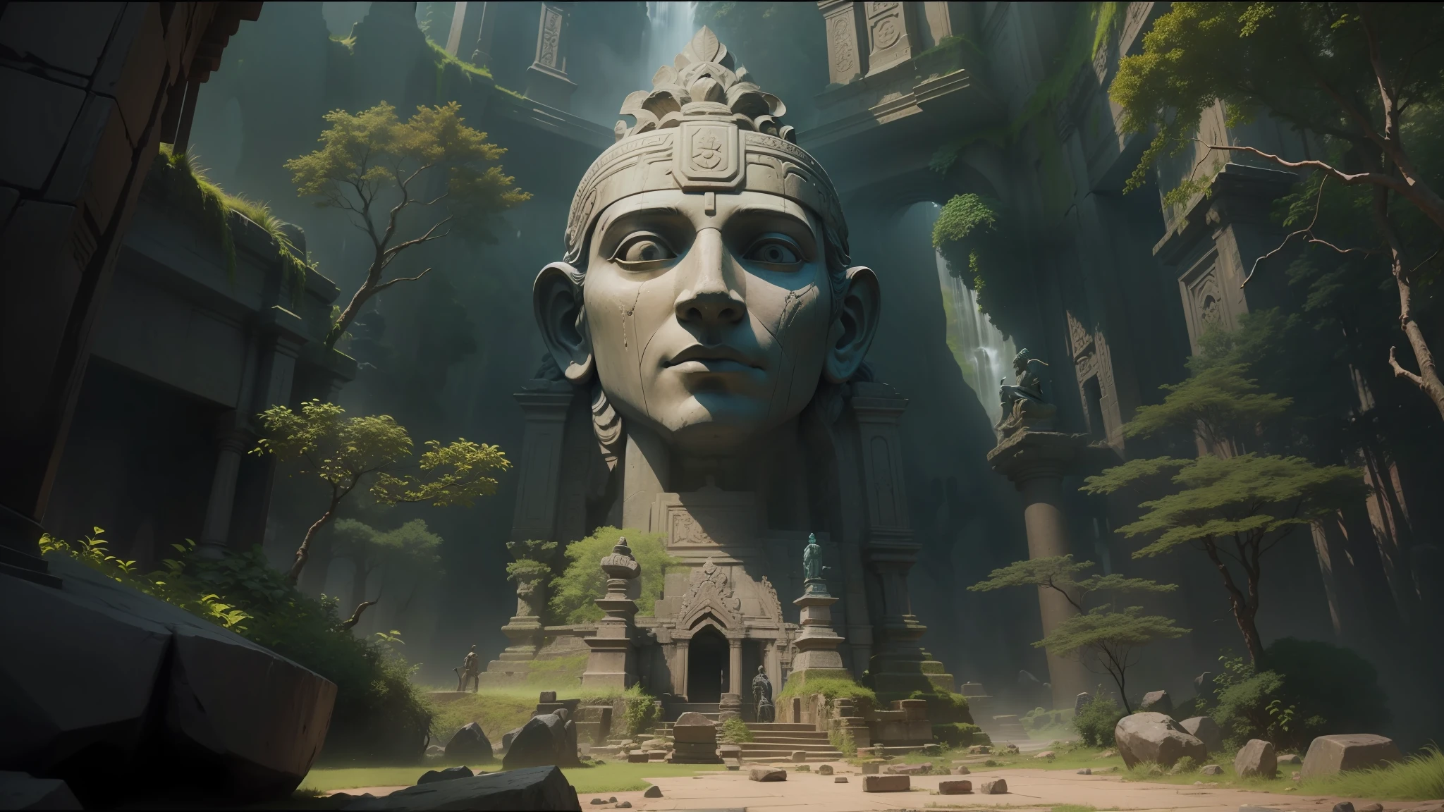 there is a statue of a man in a forest with a waterfall, stone eyes, unreal engine art 5, cybertronic hindu temple, film imax shot, by Pieter de Grebber, ruins of ancient temples, sanskrit, statues of monsters, ellora, polynesian god , by Jan Nieuwenhuys, cinematic , - h 7 6 8, myst island, silk road cinematic landscape --auto --s2