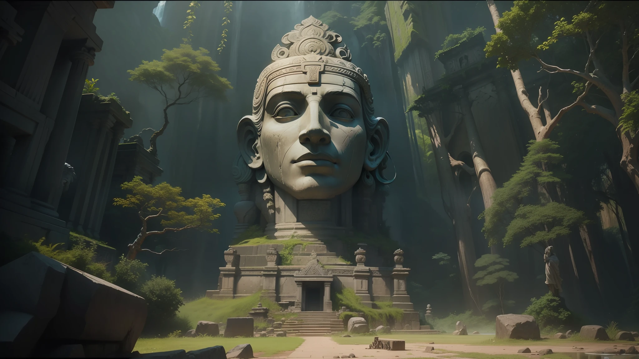 there is a statue of a man in a forest with a waterfall, stone eyes, unreal engine art 5, cybertronic hindu temple, film imax shot, by Pieter de Grebber, ruins of ancient temples, sanskrit, statues of monsters, ellora, polynesian god , by Jan Nieuwenhuys, cinematic , - h 7 6 8, myst island, silk road cinematic landscape --auto --s2