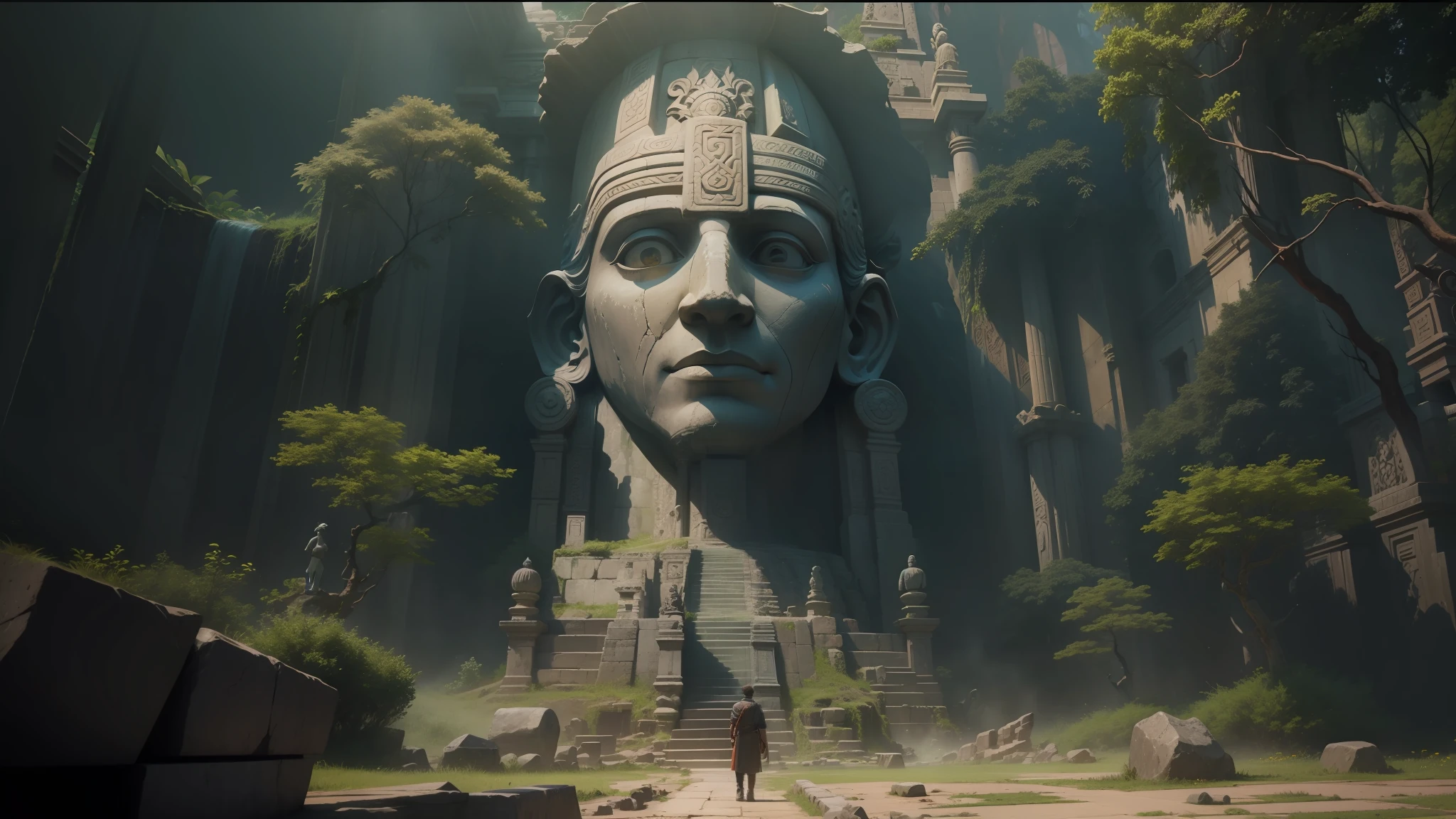 there is a statue of a man in a forest with a waterfall, stone eyes, unreal engine art 5, cybertronic hindu temple, film imax shot, by Pieter de Grebber, ruins of ancient temples, sanskrit, statues of monsters, ellora, polynesian god , by Jan Nieuwenhuys, cinematic , - h 7 6 8, myst island, silk road cinematic landscape --auto --s2