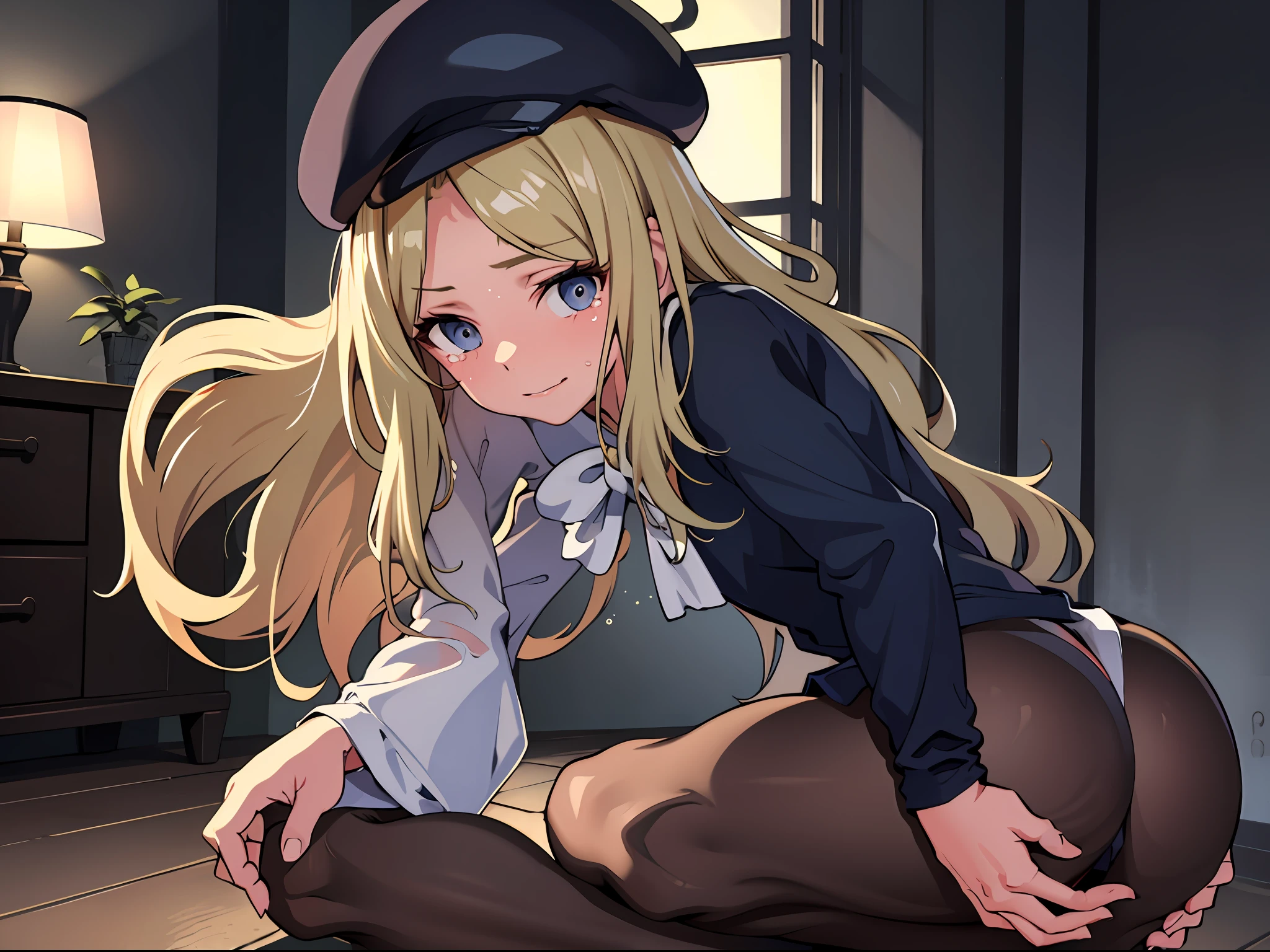 (((masterpiece))), best quality, highly detailed,extremely detailed CG unity 8k wallpaper,illustration, solo,one female,1female,fren,bow,hat,living room,dark room,solo female,shy,night, crying face, bare ass,bare butt ,extreme close-up,lying on the gound,bare leg,bare back,angle from the back,close up to the back,wet
