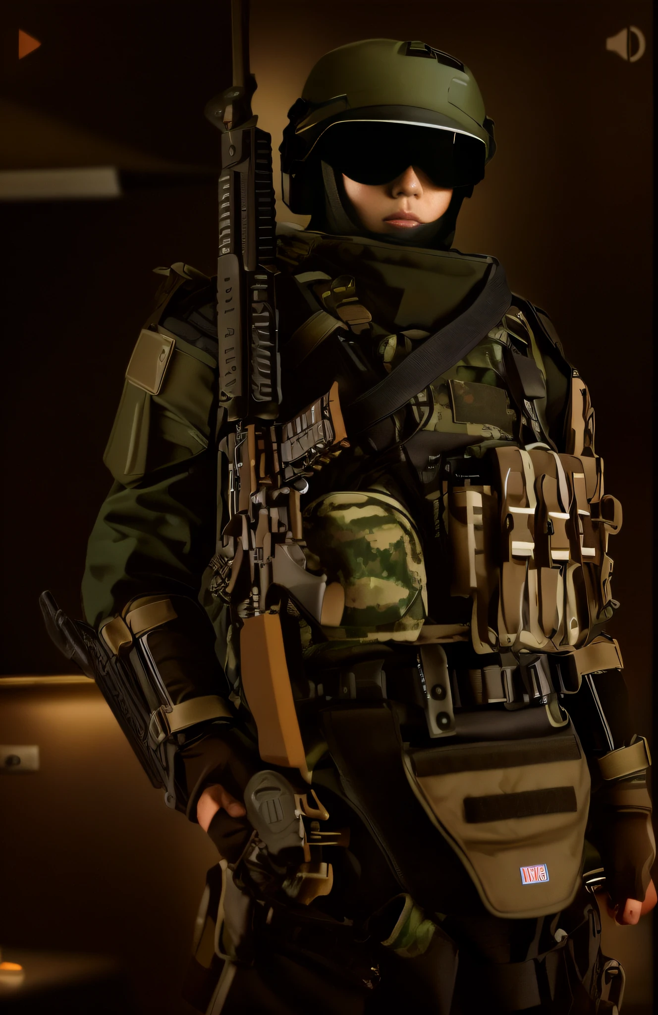UHD, retina, masterpiece, ccurate, textured skin, super detail, high details, high quality, soldier standing in room with gun and helmet, screenshot cod, soldier costume, futuristic combat gear, full soldier outfit, combat uniform, combat gear, wearing tactical gear, tactical armor, futuristic soldier clothing, camouflage gear, wearing tech suits and armor, tactical equipment, Intimidation full body armor, wearing tactical armor, full uniform, Chinese armbands, Chinese badges