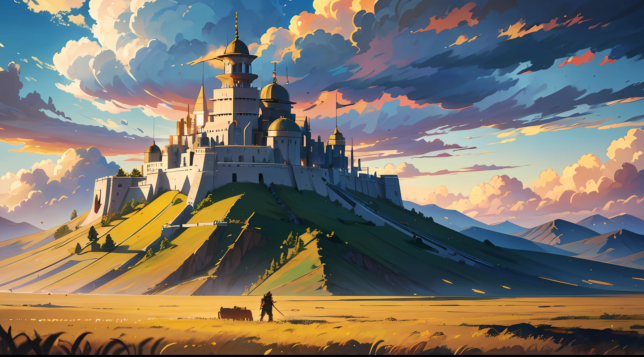 (Ultra detailed), (masterpiece), (best quality), (very detailed CG unit 8k wallpaper), A medieval warrior is standing on top of a hill, looking at the battlefield below him. He is dressed in full armor, with a sword in one hand and a shield in the other. The sun is setting on the horizon, creating a golden light that illuminates the field below it. The air is tense with the anticipation of the impending battle, as the warrior prepares to lead his troops into battle, concept art, cinematic, warped clouds in the sky, highly detailed, stylized wallpaper