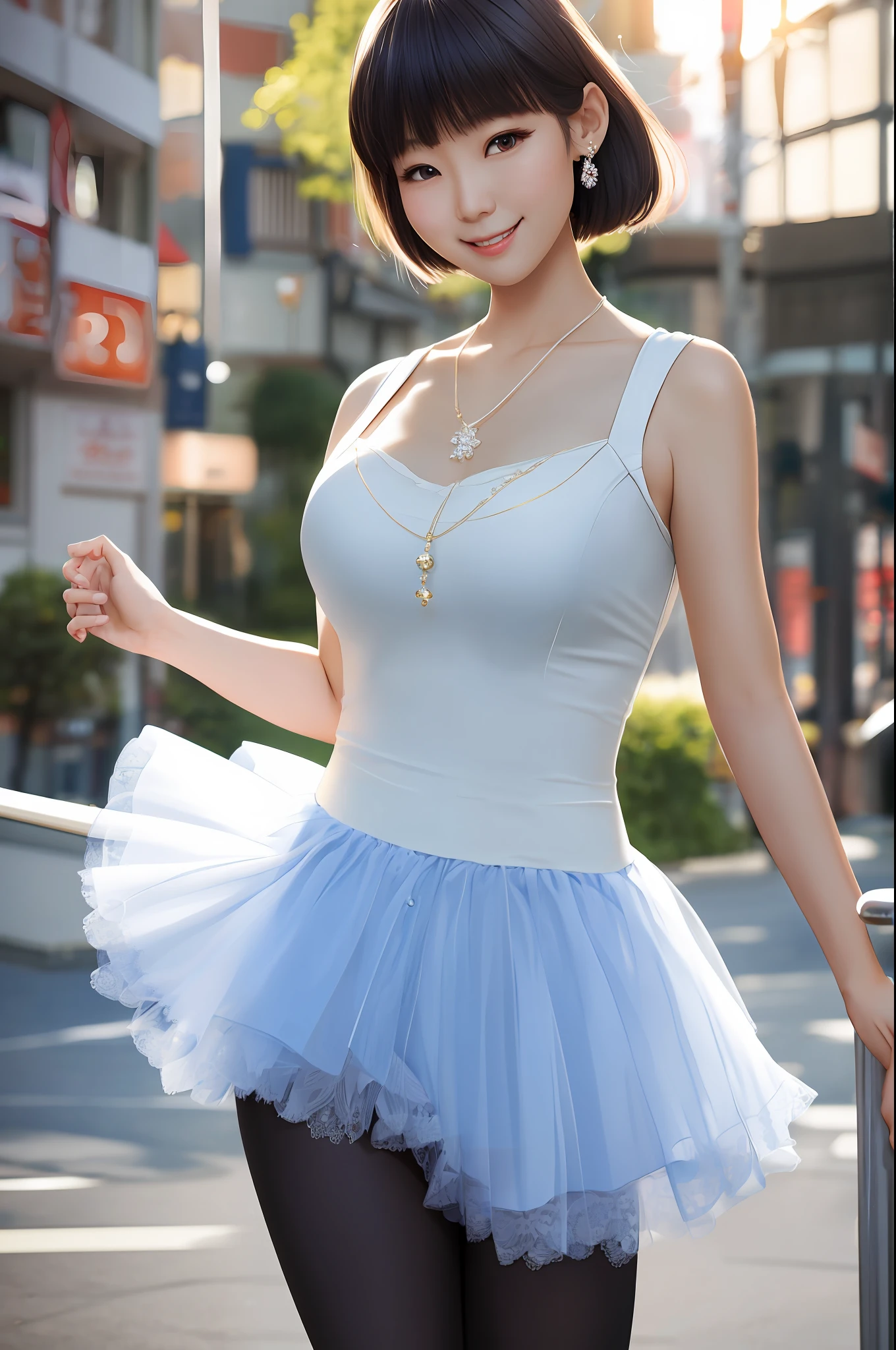 Smiling minchen, pantyhose, absurdity, closed mouth, balanced eyes, (Best Quality Detail: 1.2), Realistic, 8K HD, Ultra Detailed, High Quality Texture, Complex Detail, Detailed Texture, Fine Detail, High Detail, Very Detailed CG, High Quality Shadow, Delicate Beautiful Delicate Face, (Delicate Beautiful Delicate Eyes: 1.32), Depth of Field, Ray Tracing, (A Beautiful 25 Year Old Cute Japanese Lady: 1), Big, Tall Female, Beautiful Legs, Glow Eyes, Blush, Perfect Body Petite, Scrawny, Blurred Outdoor Background, Tutu, Ballet Pantyhose, Short Hair, Sunshine, Earrings, Necklace, Model, Looking at the Audience, Dynamic Pose, Necklace, Full Body, Standing, Show Beautiful Legs , cleavage,