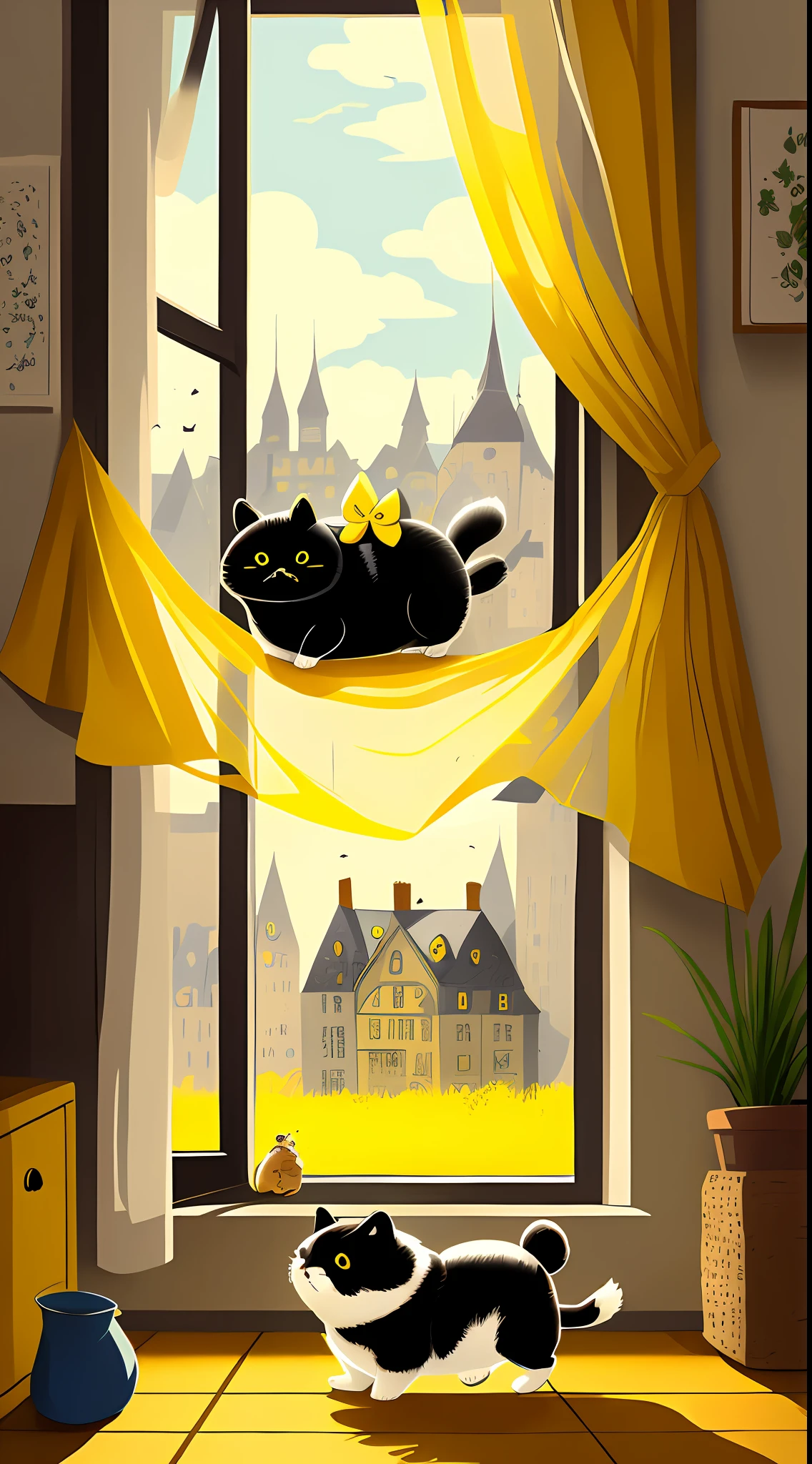(masterpiece, best illustration, no people), 1 fat cute cat running, very detailed, room with window, short paw, black hair, bright yellow eyes, bow on tail