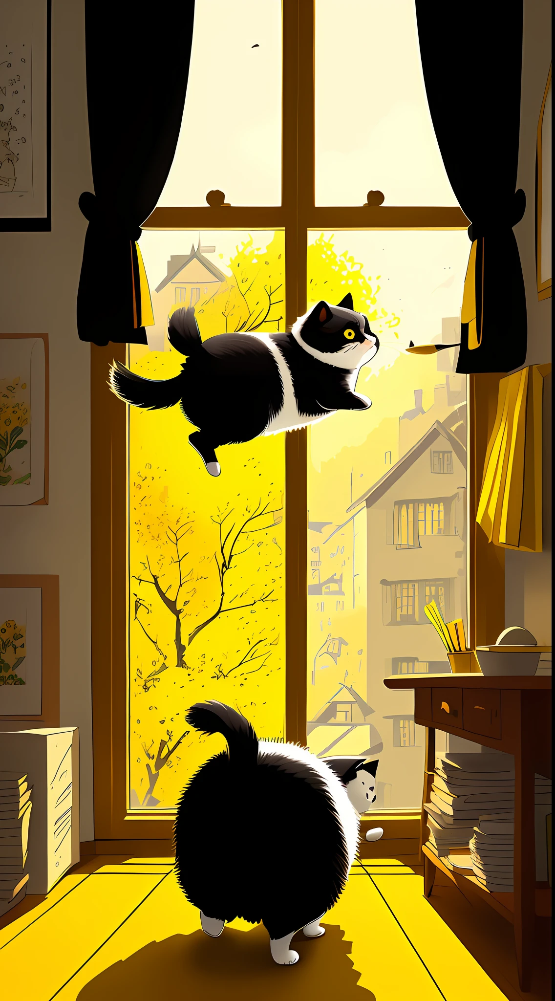 (masterpiece, best illustration, no people), 1 fat cute cat running, very detailed, room with window, short paw, black hair, bright yellow eyes, bow on tail