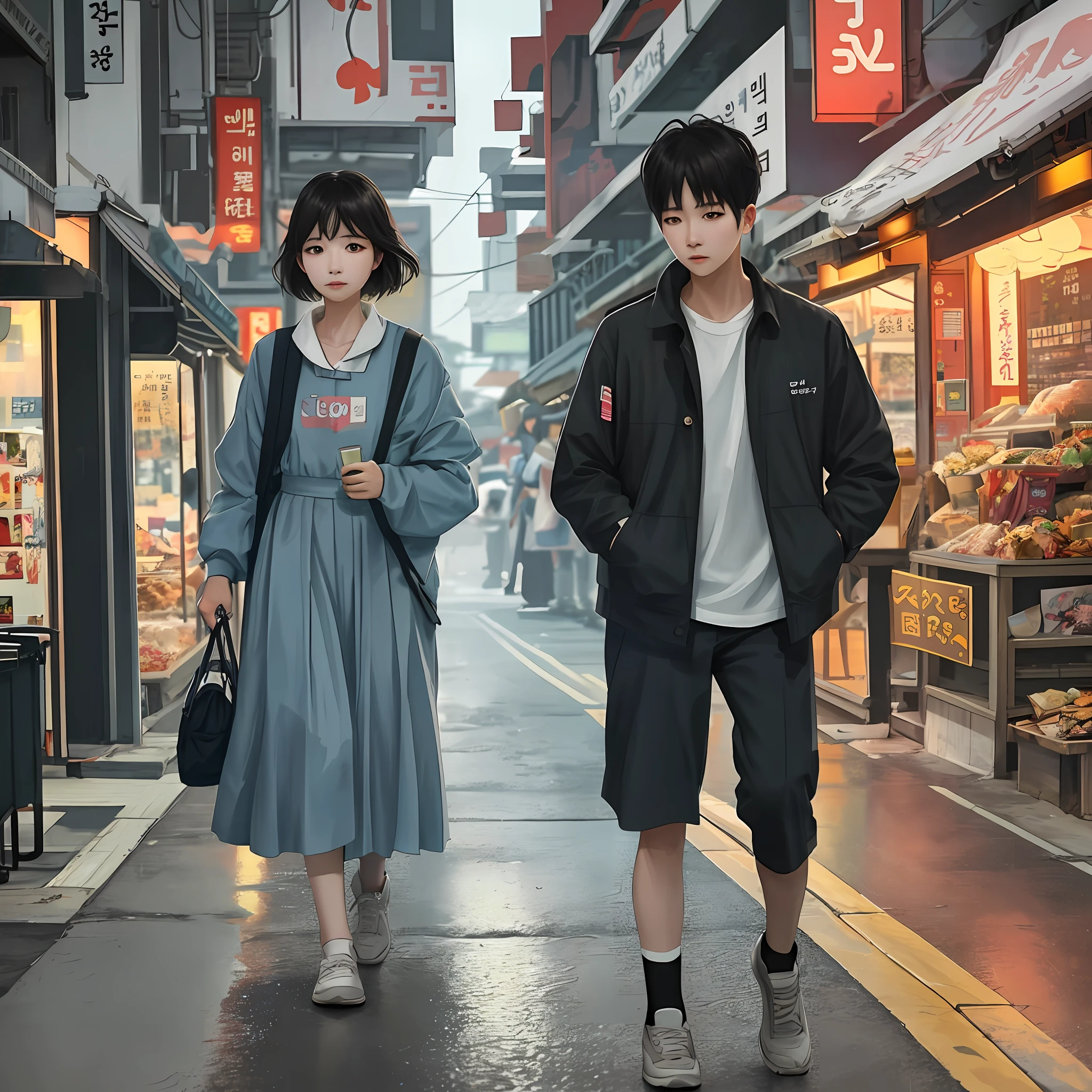 Korea girl walking on the street, cinematic style soft lighting glow effect