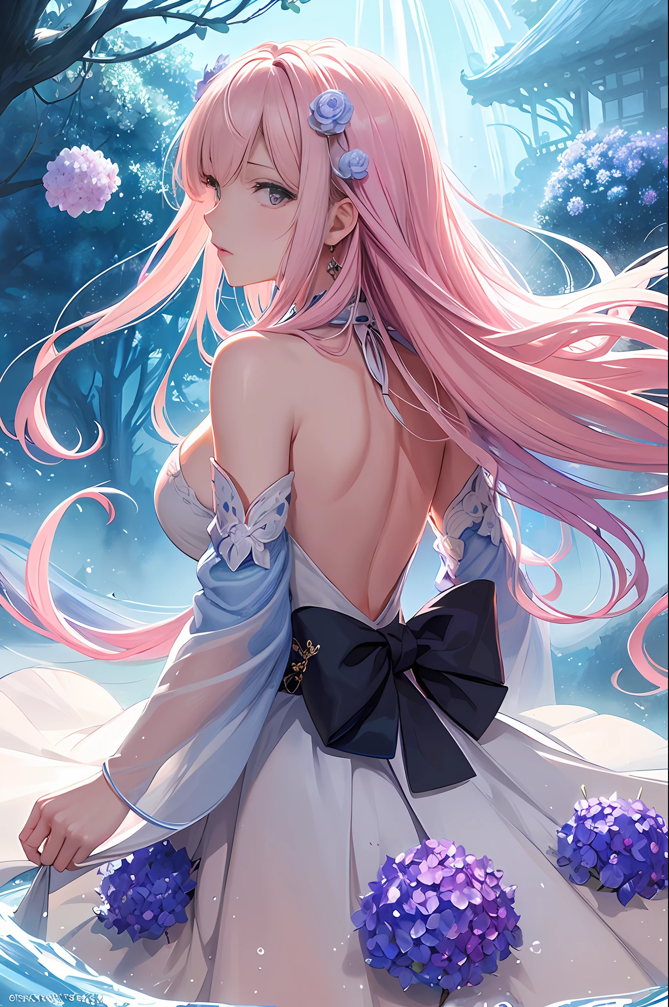 (masterpiece, top quality, best quality, watercolor (medium), official art, beautiful and aesthetic:1.2), (1girl:1.3), (fractal art:1.3), upper body, from back, back viewing, patterns, (rainbow color Hair, colorful hair, half sky blue and half light pink hair:1.2), white long dress, halter neck dress, white long skirt, wind, water, liquid, cloud, colorful, starry, stars, floating hairs, seductive, attractive, classy, fantastic, fashion, seductive posing, hydrangea flower, floating hydrangea flower, perfect anatomy, perfect proportion, 8 life size, Japanese anime style, concept art by Kyoto animation, storm, splash, in heavy rain, in water, Lotus flower, floating Lotus flower, bubble,