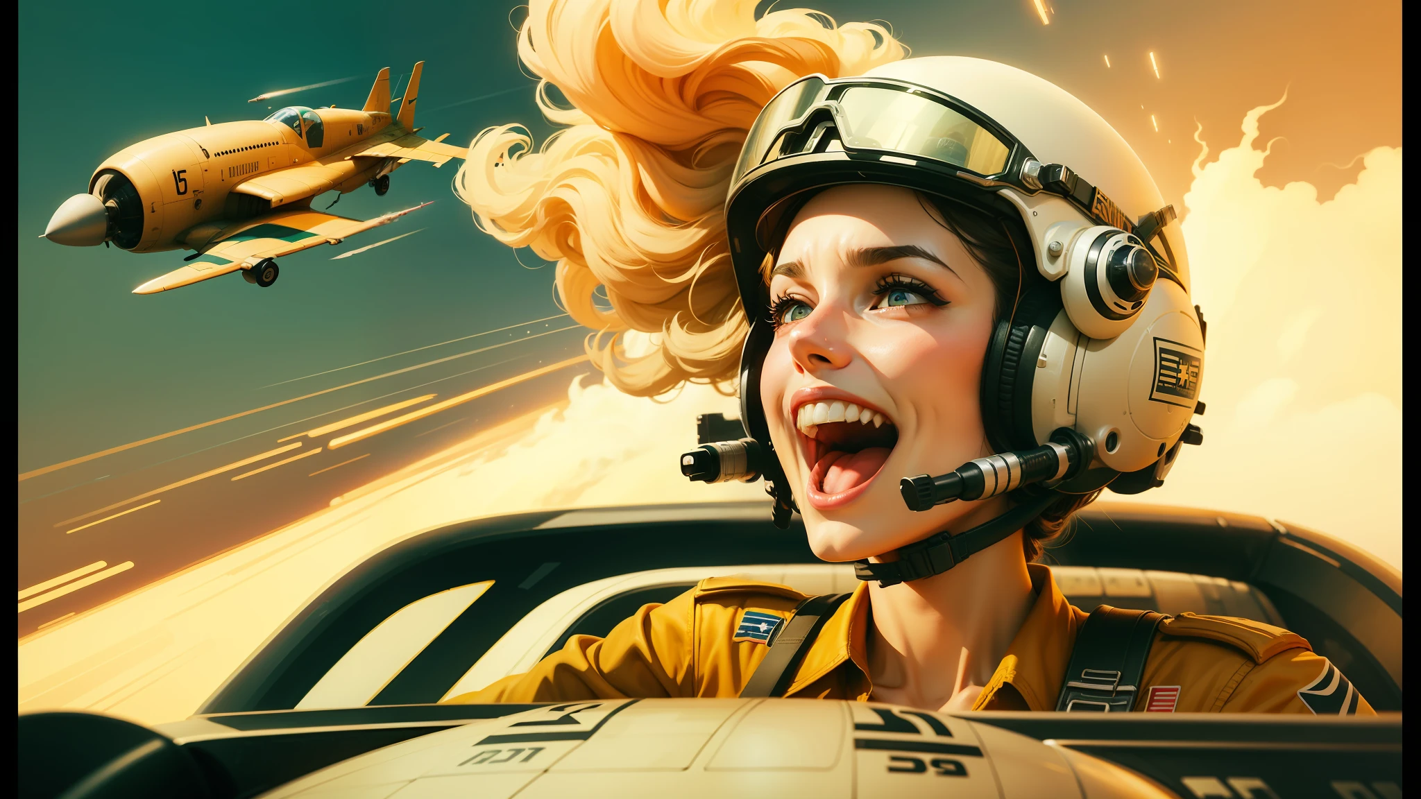 there is a woman in a helmet and a pilot in a plane, abduzeedo, laughing maniacally, fury art, aftereffects, pin - up girl, inspired by James Montgomery Flagg, rendered in high octane, youtube thumbnail, featured on artstattion, by Johannes Helgeson, libertas, ecstatic, 82 mm sigma art --ar 16:9 --auto --s2