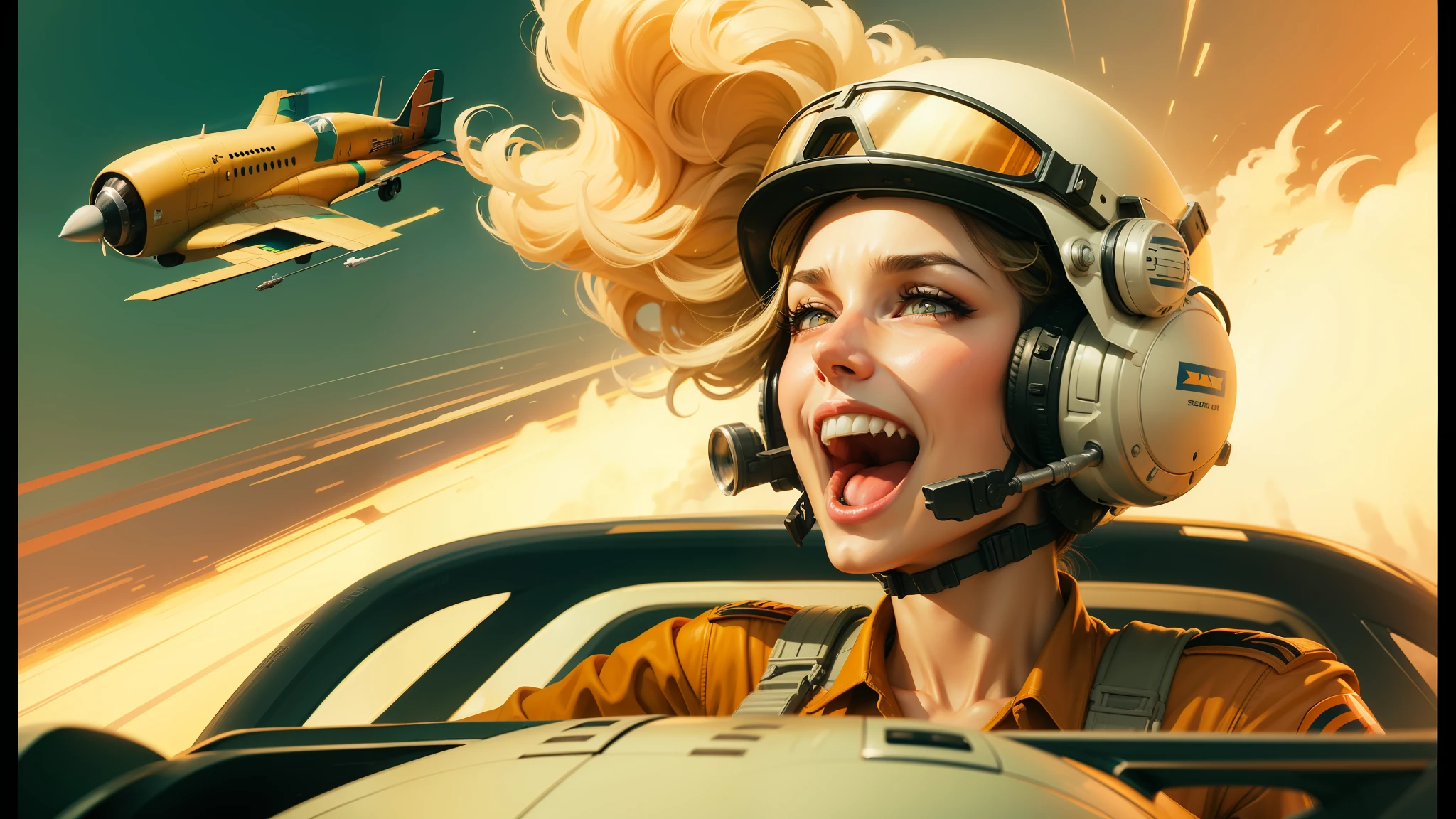 there is a woman in a helmet and a pilot in a plane, abduzeedo, laughing maniacally, fury art, aftereffects, pin - up girl, inspired by James Montgomery Flagg, rendered in high octane, youtube thumbnail, featured on artstattion, by Johannes Helgeson, libertas, ecstatic, 82 mm sigma art --ar 16:9 --auto --s2