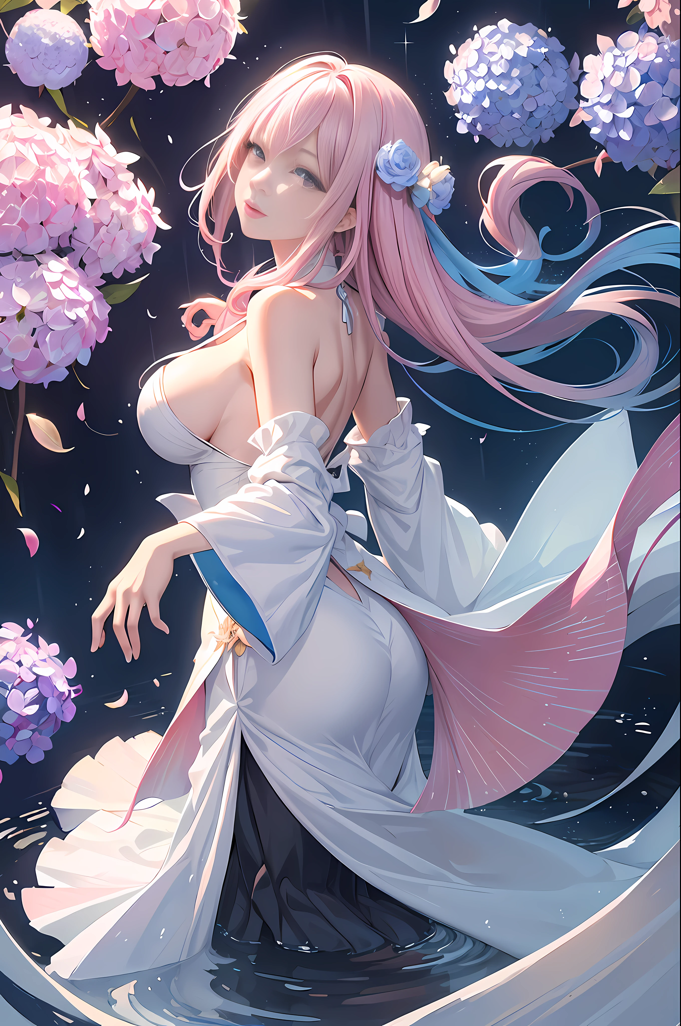 (masterpiece, top quality, best quality, watercolor (medium), official art, beautiful and aesthetic:1.2), (1girl:1.3), (fractal art:1.3), upper body, from back, back viewing, patterns, (rainbow color Hair, colorful hair, half sky blue and half light pink hair:1.2), white long dress, halter neck dress, white long skirt, wind, water, liquid, cloud, colorful, starry, stars, floating hairs, seductive, attractive, classy, fantastic, fashion, seductive posing, hydrangea flower, floating hydrangea flower, perfect anatomy, perfect proportion, 8 life size, Japanese anime style, concept art by Kyoto animation, storm, splash, in heavy rain, in water, Lotus flower, floating Lotus flower, bubble,