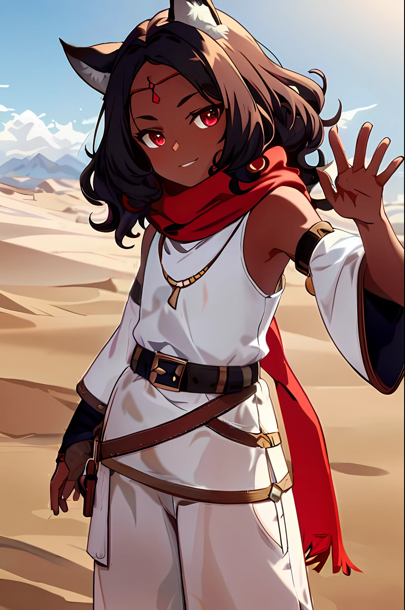 masterpiece, best quality, 1girl, solo, upper body, genshin impact, 1girl, animal ears, cat ears, desert, flat chest, young girl, , cowboy shot, dark skin, dark skin, dark skin, brown skin, black skin, dark brown hair, curly hair, shoulder-length hair, red scarf, white shirt, sleeveless, white sleeves, belt, belt sleeves, shorts, lynx ears, middle eastern, jewelry, medium hair, curly hair, forehead part, looking at viewer, outdoors, brown hair, dark hair, red eyes, smile, solo, wide sleeves, dynamic pose, genshin,