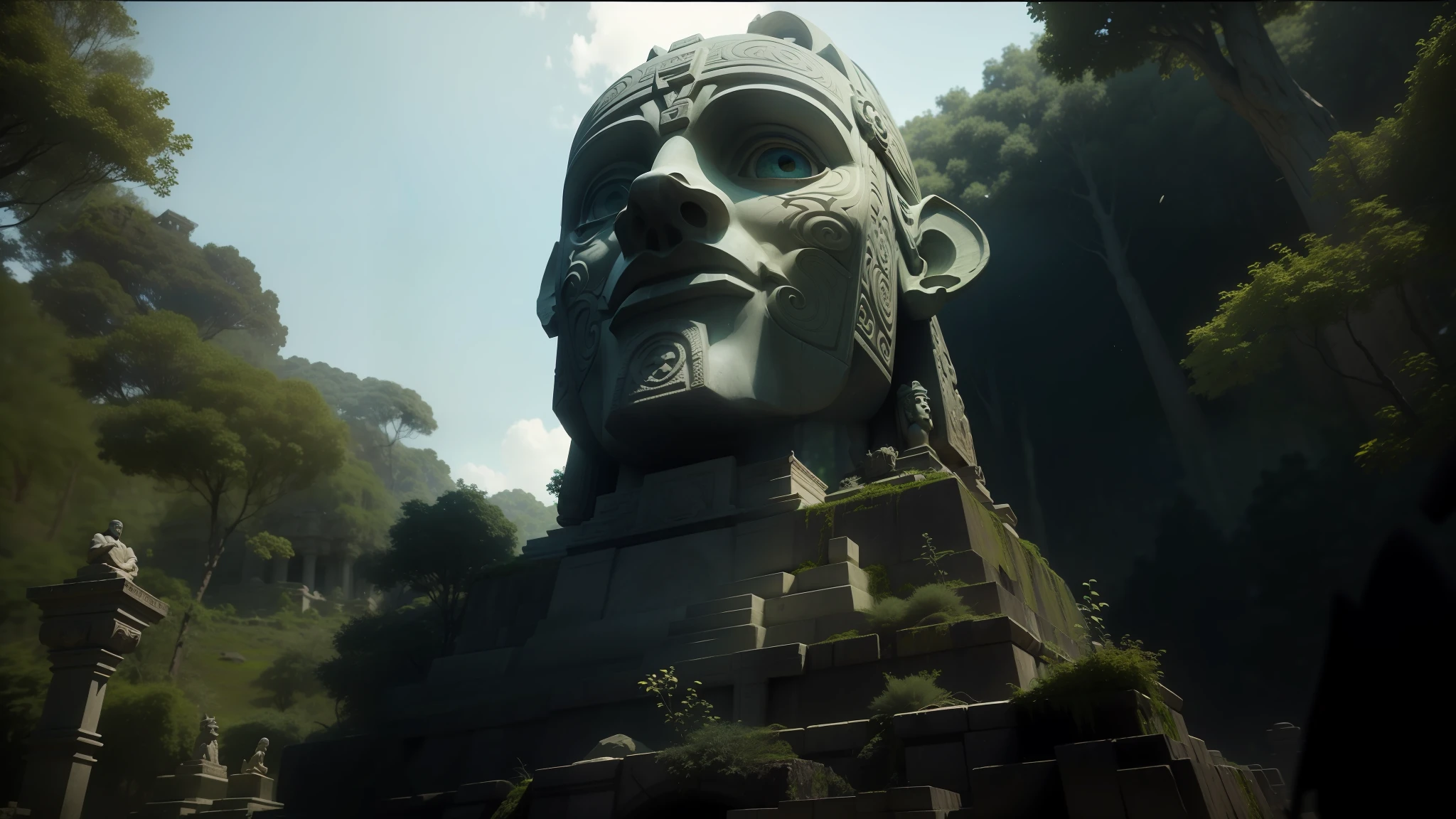 there is a large stone statue in the middle of a forest, stone eyes, unreal maya, architecture render”, tv frame still, tombs, face shown, television screenshot, diego 5, ps 3, atlantis, animation in 3 d, temples, by Nathan Wyburn, the lost valley, promotional images, shpongle --auto --s2
