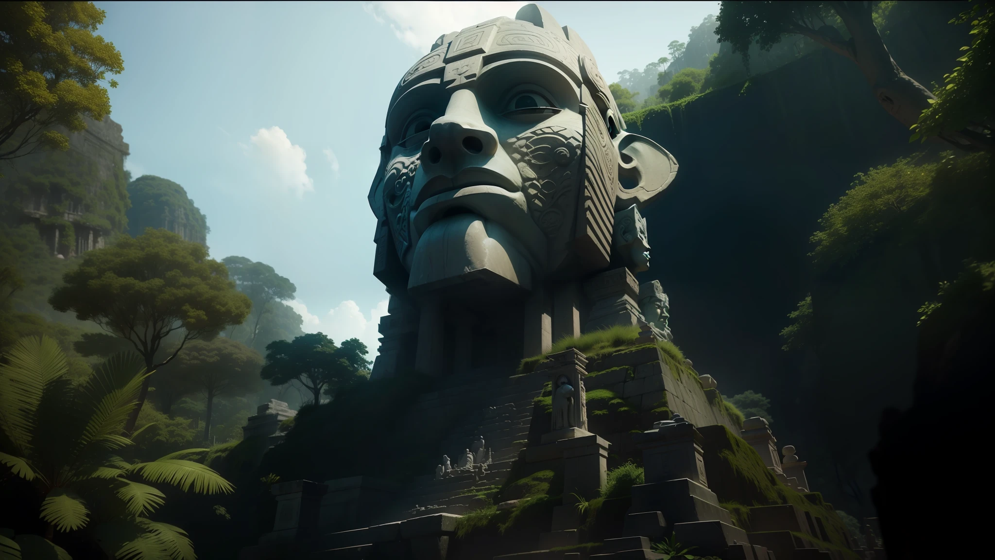 there is a large stone statue in the middle of a forest, stone eyes, unreal maya, architecture render”, tv frame still, tombs, face shown, television screenshot, diego 5, ps 3, atlantis, animation in 3 d, temples, by Nathan Wyburn, the lost valley, promotional images, shpongle --auto --s2