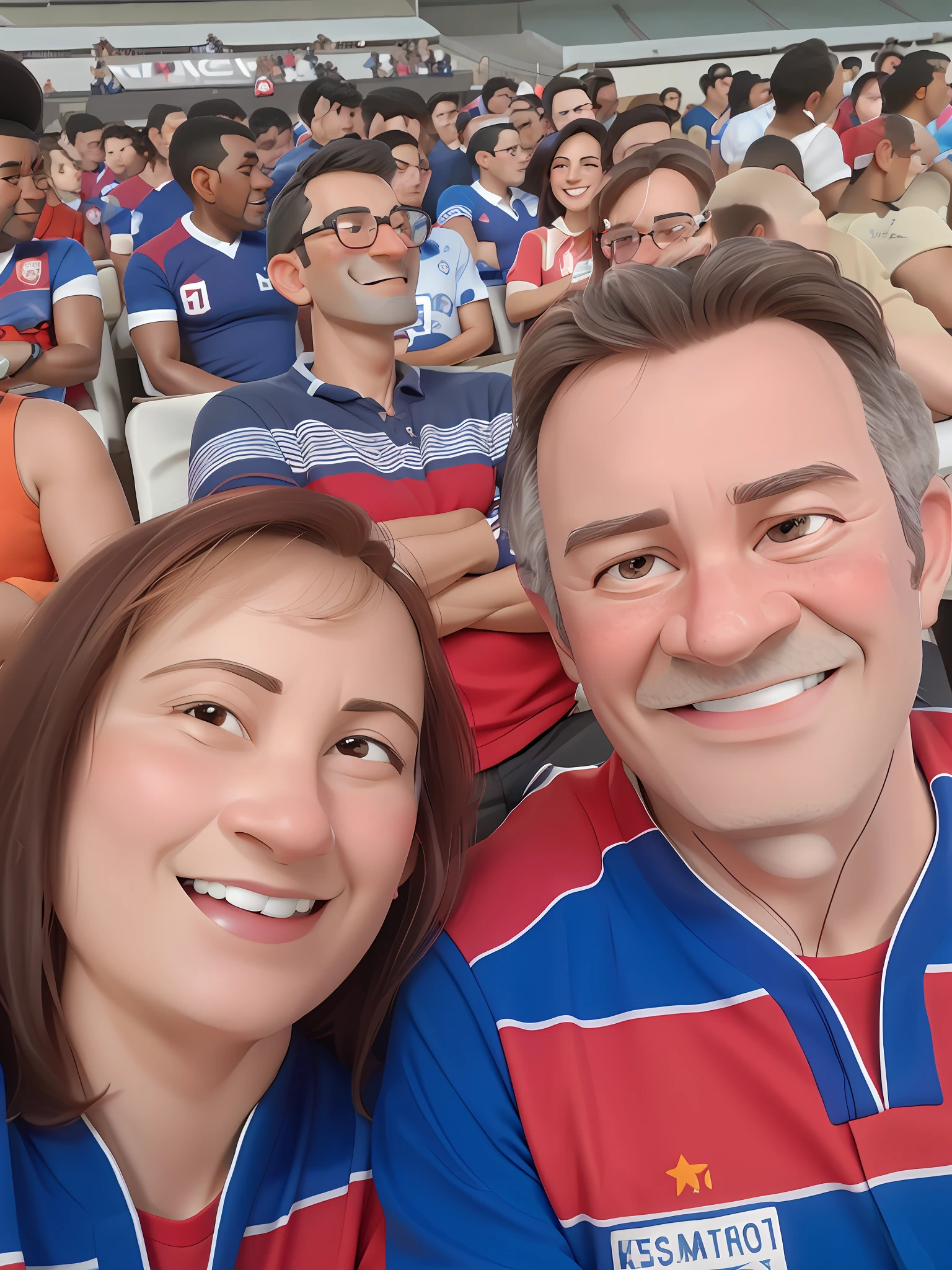 Woman and man smiling wearing red and blue shirts in football stadium, profile picture, mom and dad, 4k post, 4k post, photo, having a great time