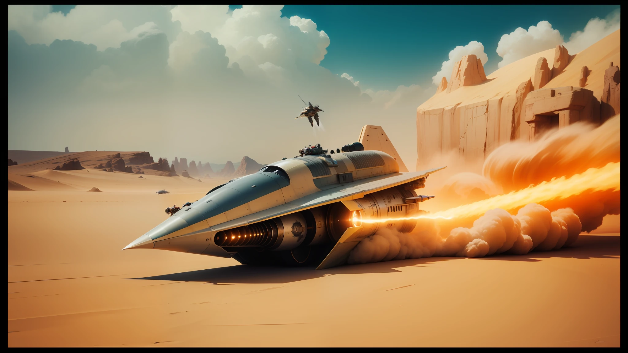 there is a large jet that is flying through the air, film still from movie dune-2021, steampunk car, featured on dribbble, speed racer, warhammer 40000 in islam, star wars style, the rider carries a large sword, still from star wars (1977), super cool rocket, anamorphic widescreen, compositing --ar 16:9 --auto --s2
