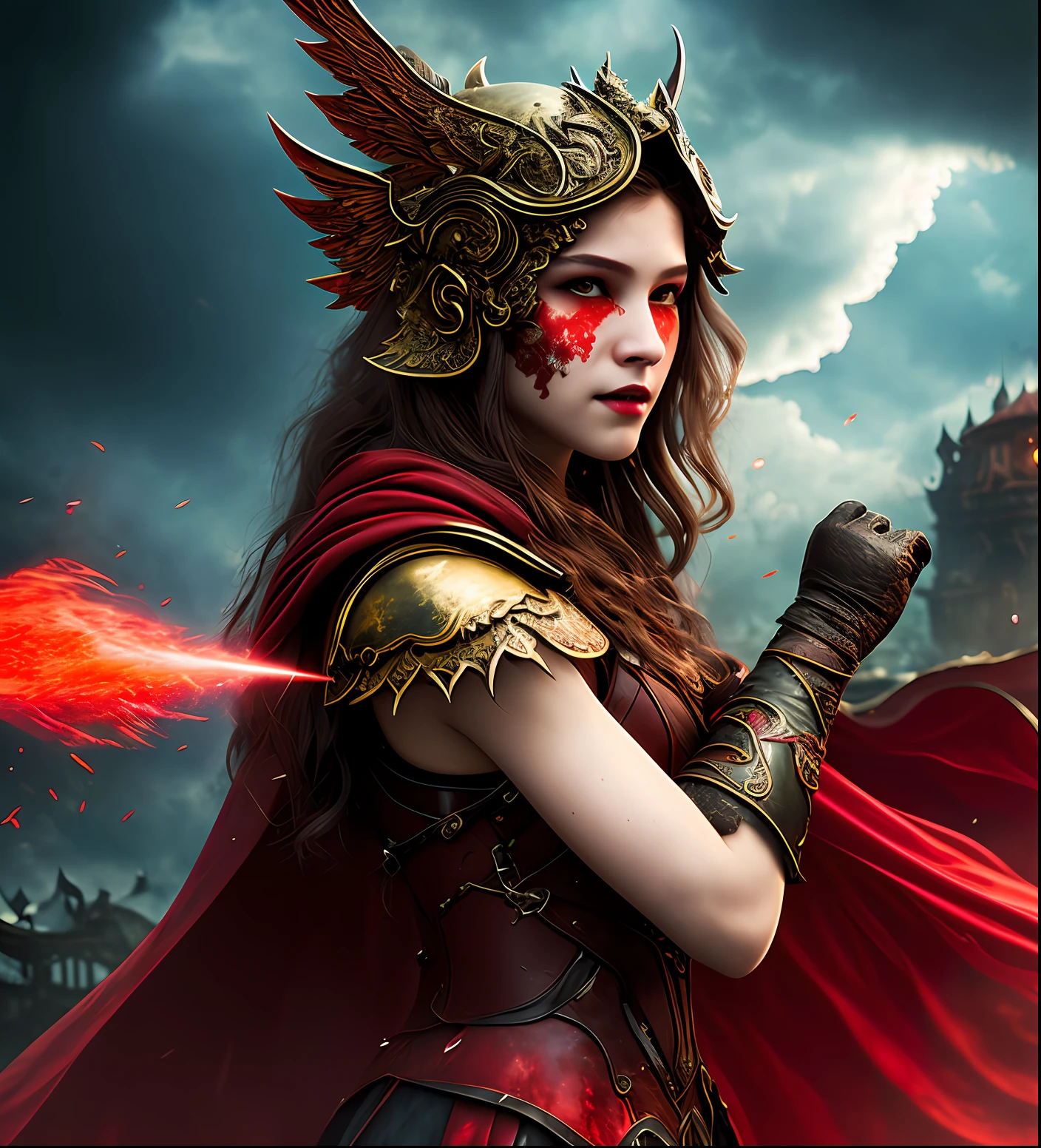 (((best quality))), (((ultra detailed))), (((masterpiece))), illustration,(The dark red blood cloud floats in the air,the red bat,blood magic),1girl, perfect face,One of her hands waved a whip, volumetric lighting,sexy girl wowdk,crazy smile,red blood rain, crow,graveyard, fantasy, underground castle, ((muted colors, night, darkness)), makeup, mascara,translucent Skin, HALFTONE,cloud,LIGHT_PARTICLES,eldenring\(malenia\) 1girl, winged helmet, red cape, (malenia_blade:1.3), covered eyes, blood,red hair,(cursed_left_arm:1.3)
