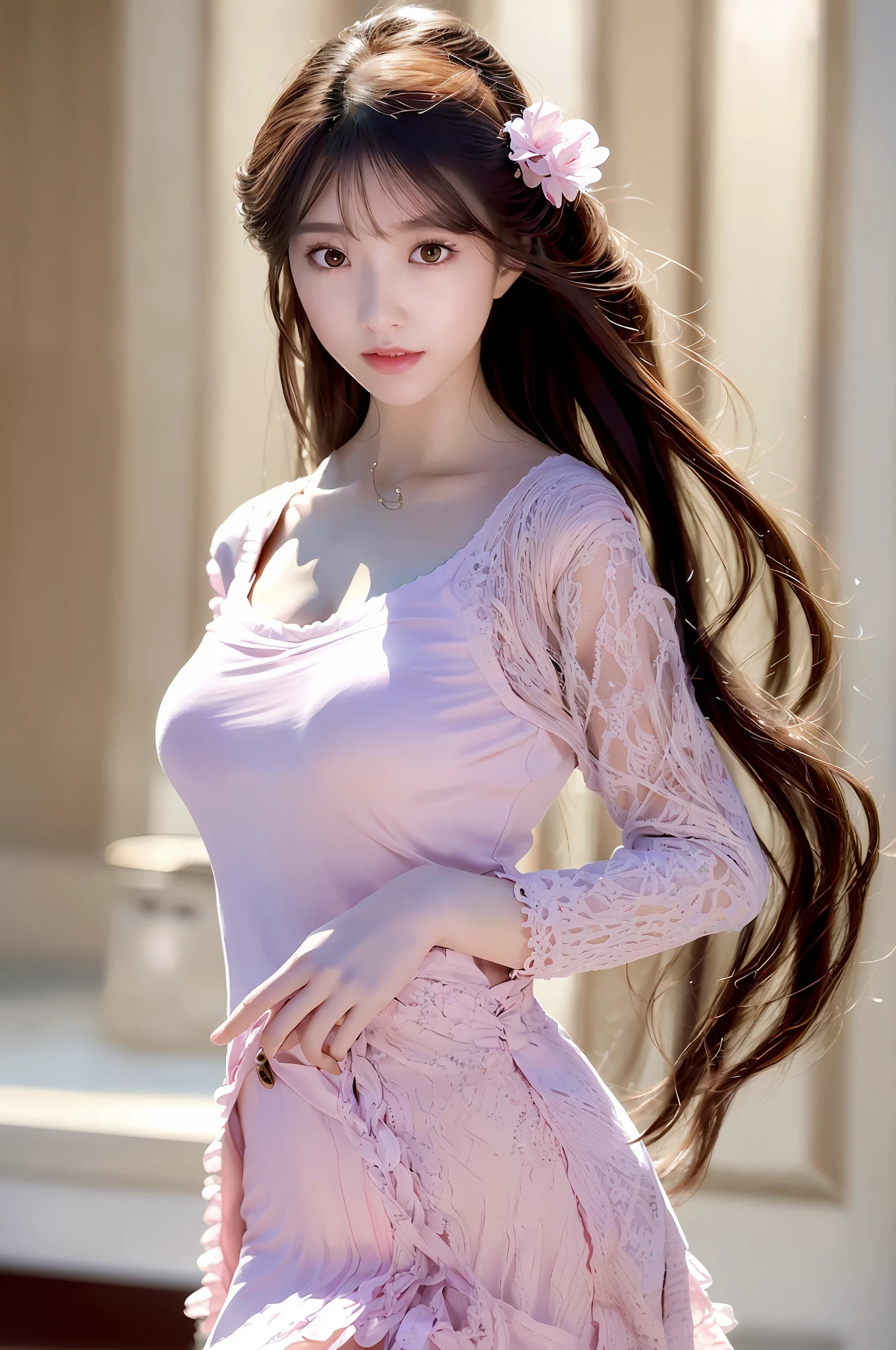 Image quality, high quality, realistic, high-quality costumes, detailed and delicate skin, precise finger modeling, light makeup, indoors, knitted, long sleeves, pink, pink denim mini skirt, skinny, semi-long hair, thin legs, whitening skin