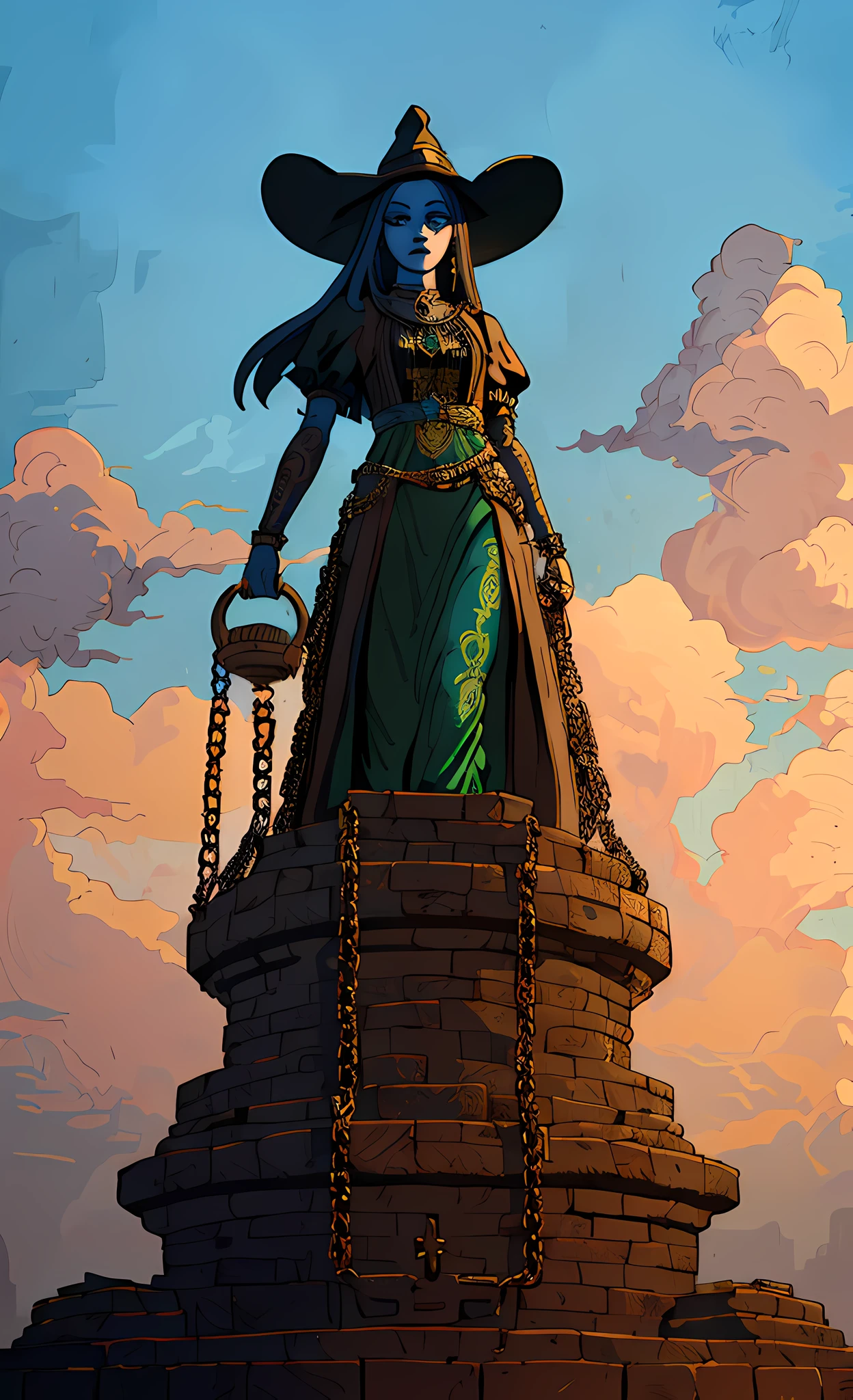woodcut illustration of bronze witch holding chains, decorative illustration, highly detailed, most detail, fine line illustration, (Masterpiece, Best Quality, Highres:1.4), Detailed, Intricate Details, 4K, color splashes
