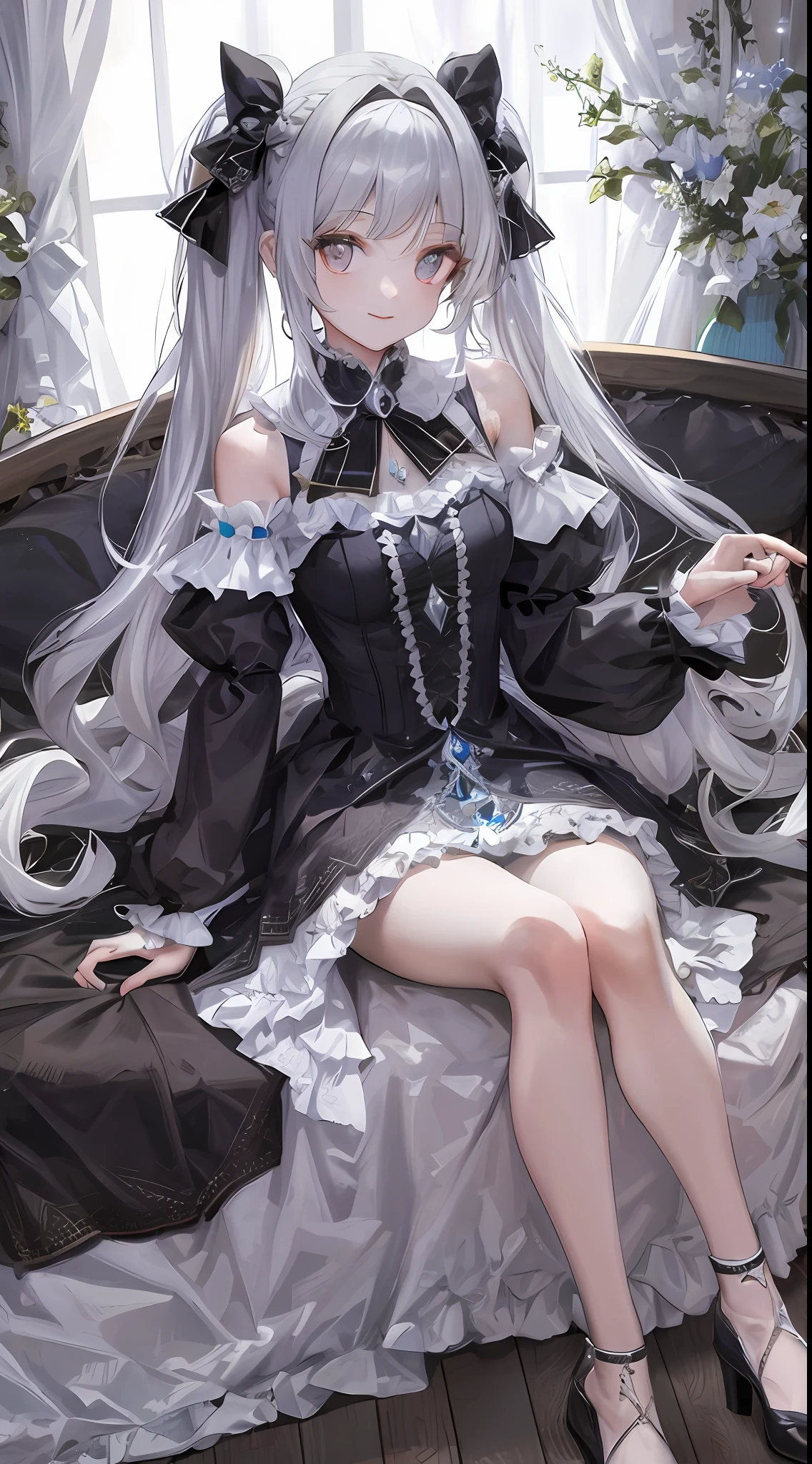 Dramatic composition, court-style dresses, royal, gorgeous, cascading frills, ruffles, bows, crystal chandeliers, Roman curly hairstyles, ponet, double ponytails like drills, look at the camera, bangs, maximalism, palatial background, delicate portrayal of hair and eyes, princess dresses, gorgeous skirts, flowers in hand, smiles, starry eyes, cinematic light, extreme detail, high definition, happy girl, very long hair, diamonds, broken diamonds, crystal fragments, light particles