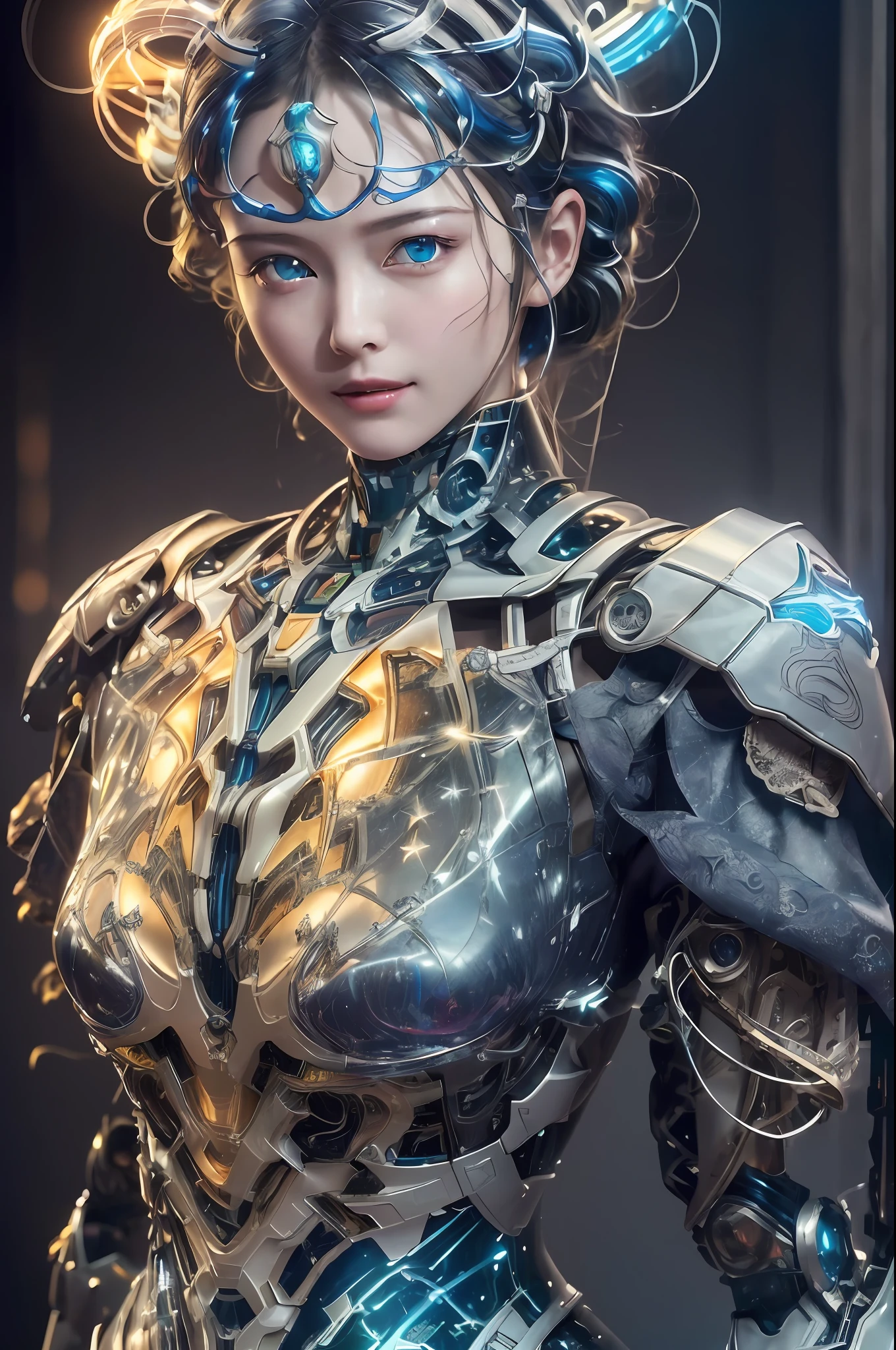 Masterpiece, best quality, super detailed, very detailed illustrations, very detailed, intricate details, high resolution, super complex details, very detailed 8k cg wallpaper, 50MM lens, caustics, reflections, ray tracing, nebulae, dark halos, network effects, (1girl:1.4), solo, alone, mecha musume, mechanical parts, robot joints, single mechanical arm, headgear, mechanical halo, star halo, electric mechanical bodysuit, mecha corset, kimono, full armor, very long hair, white hair, hair between eyes, multicolored hair, blue eyes, glowing eyes, random expression, random action, ancient chinese architecture, starry sky, skyline,