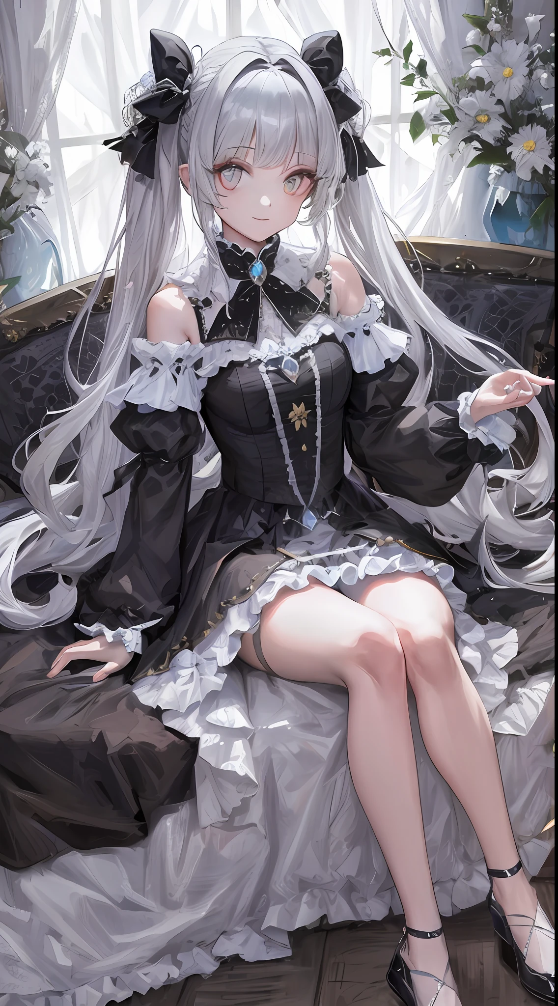 Dramatic composition, court-style dresses, royal, gorgeous, cascading frills, ruffles, bows, crystal chandeliers, Roman curly hairstyles, ponet, double ponytails like drills, look at the camera, bangs, maximalism, palatial background, delicate portrayal of hair and eyes, princess dresses, gorgeous skirts, flowers in hand, smiles, starry eyes, cinematic light, extreme detail, high definition, happy girl, very long hair, diamonds, broken diamonds, crystal fragments, light particles