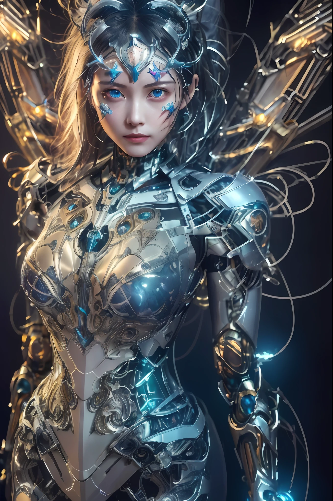 Masterpiece, best quality, super detailed, very detailed illustrations, very detailed, intricate details, high resolution, super complex details, very detailed 8k cg wallpaper, 50MM lens, caustics, reflections, ray tracing, nebulae, dark halos, network effects, (1girl:1.4), solo, alone, mecha musume, mechanical parts, robot joints, single mechanical arm, headgear, mechanical halo, star halo, electric mechanical bodysuit, mecha corset, kimono, full armor, very long hair, white hair, hair between eyes, multicolored hair, blue eyes, glowing eyes, random expression, random action, ancient chinese architecture, starry sky, skyline,