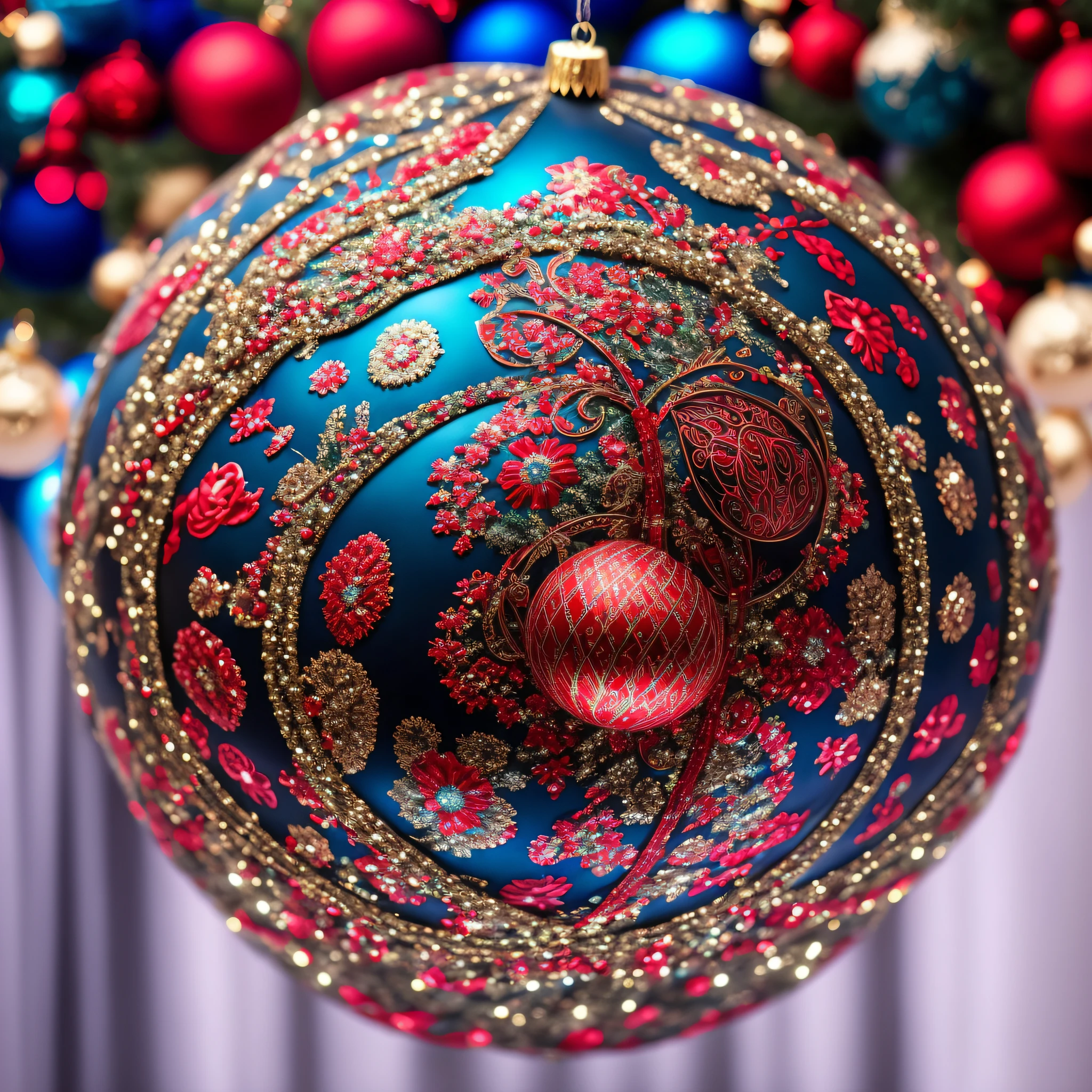 a Christmas ball, hanging, scene background in black color, ball surface in blue color, floral shaped details, details in red color