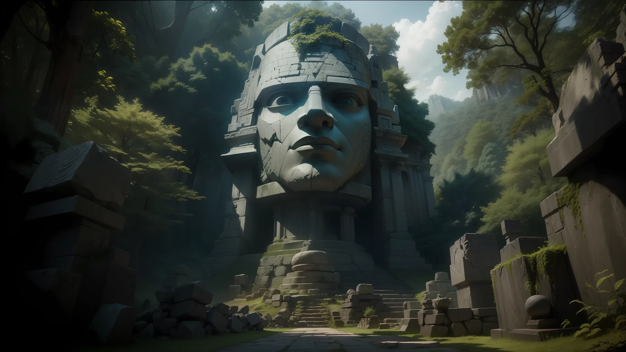 there is a large stone statue in the middle of a forest, stone eyes, unreal maya, cinematic imax footage, by Juriaen van Streeck, ruin, cartoon film still, film promotional image, shaved temple, cinematic video game, inspired in Robert Adamson --auto --s2
