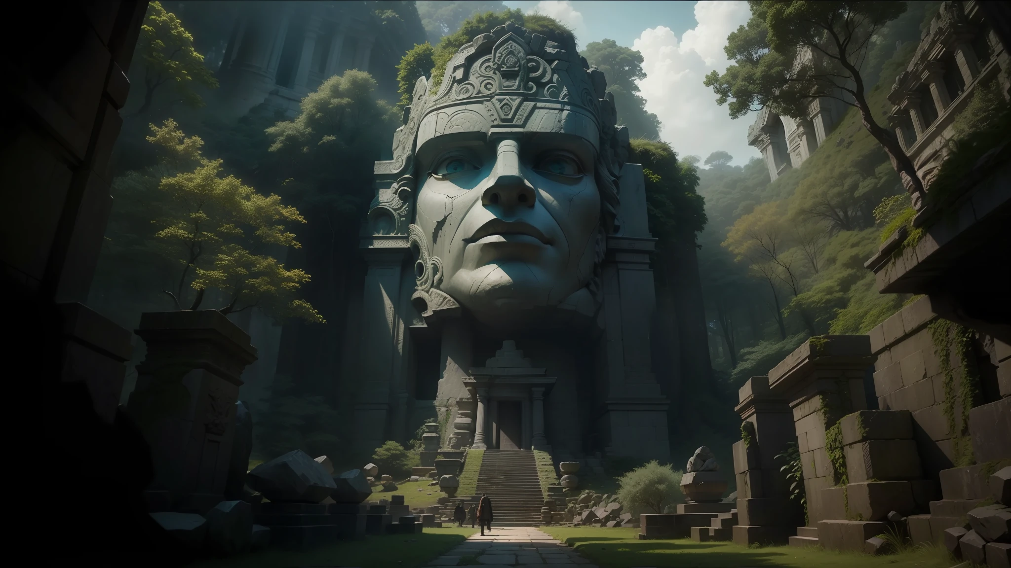 there is a large stone statue in the middle of a forest, stone eyes, unreal maya, cinematic imax footage, by Juriaen van Streeck, ruin, cartoon film still, film promotional image, shaved temple, cinematic video game, inspired in Robert Adamson --auto --s2