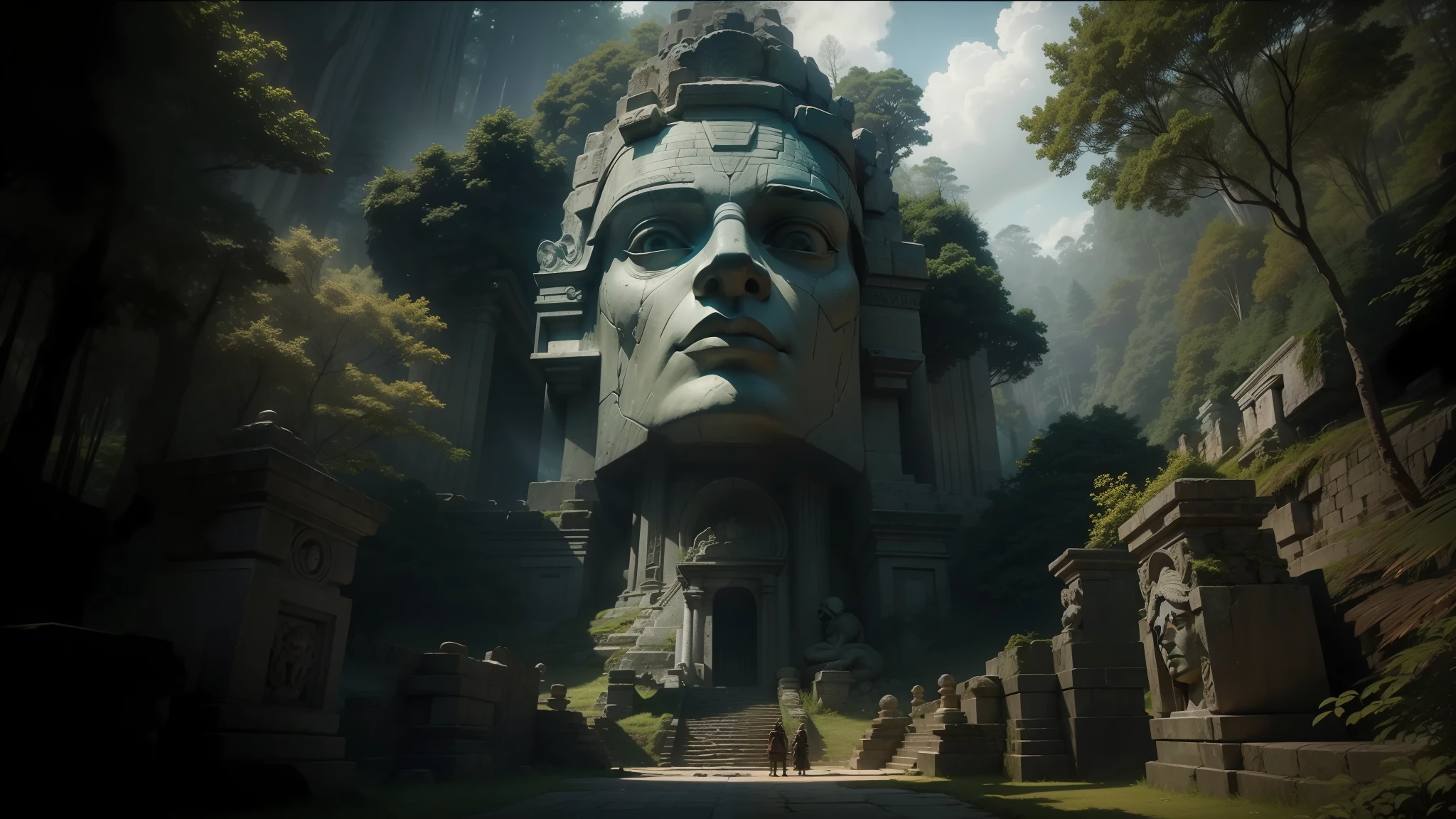there is a large stone statue in the middle of a forest, stone eyes, unreal maya, cinematic imax footage, by Juriaen van Streeck, ruin, cartoon film still, film promotional image, shaved temple, cinematic video game, inspired in Robert Adamson --auto --s2