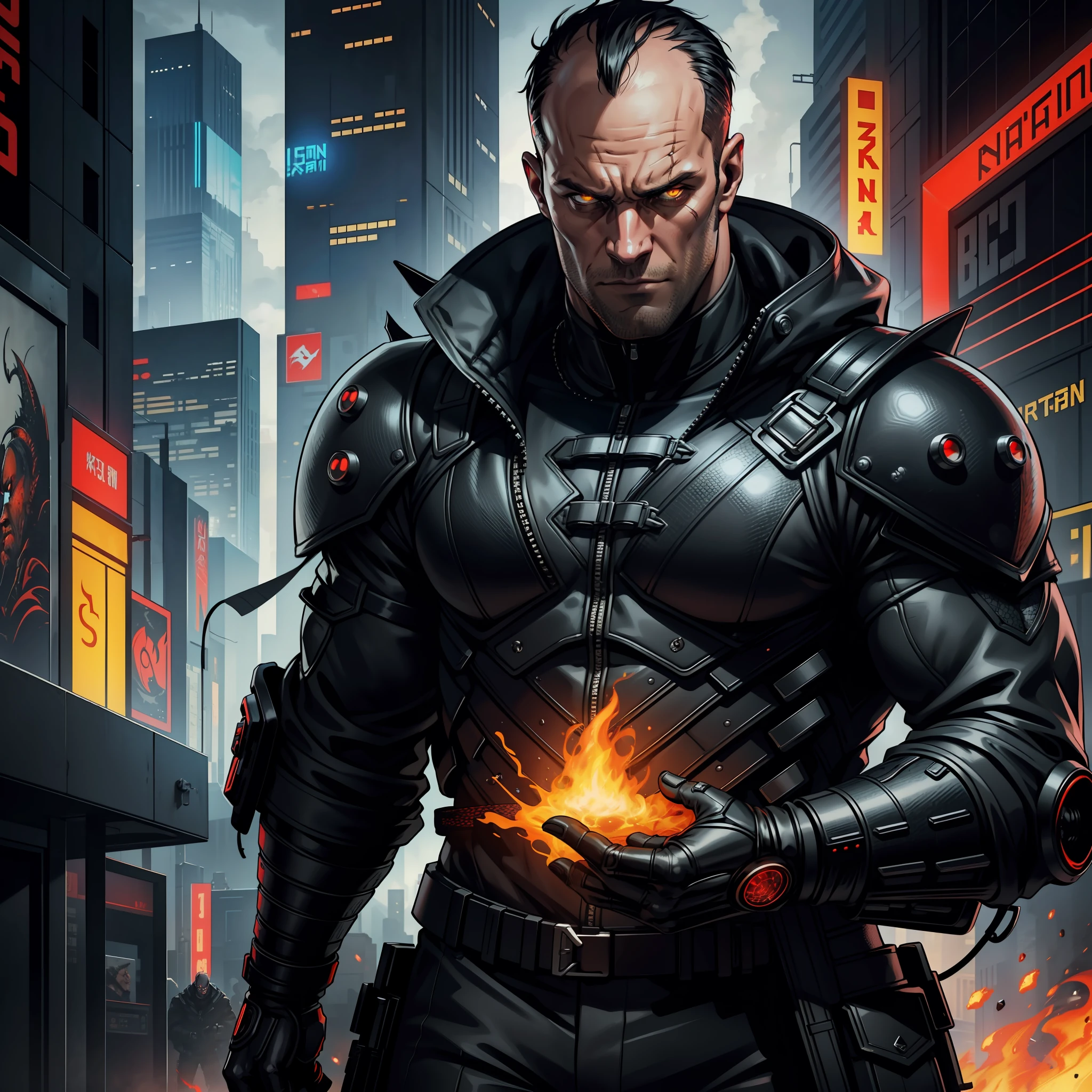 "(black cyberpunk jacket:1) (1man) dark theme :: focus on closeup face, rebellious face, Jason Statham face, ultra realistic futuristic cyberpunk muscular man, red dragon scales on the body, red dragon scales on the hands, red dragon scales on the face, in front of cyberpunk buildings :: very short black hair :: cool cybernetic black jacket :: yellow dragon eyes ::  flames coming out of hands :: natural lighting :: bokeh :: 8k :: best quality :: masterpiece :: insanely detailed:1.5"