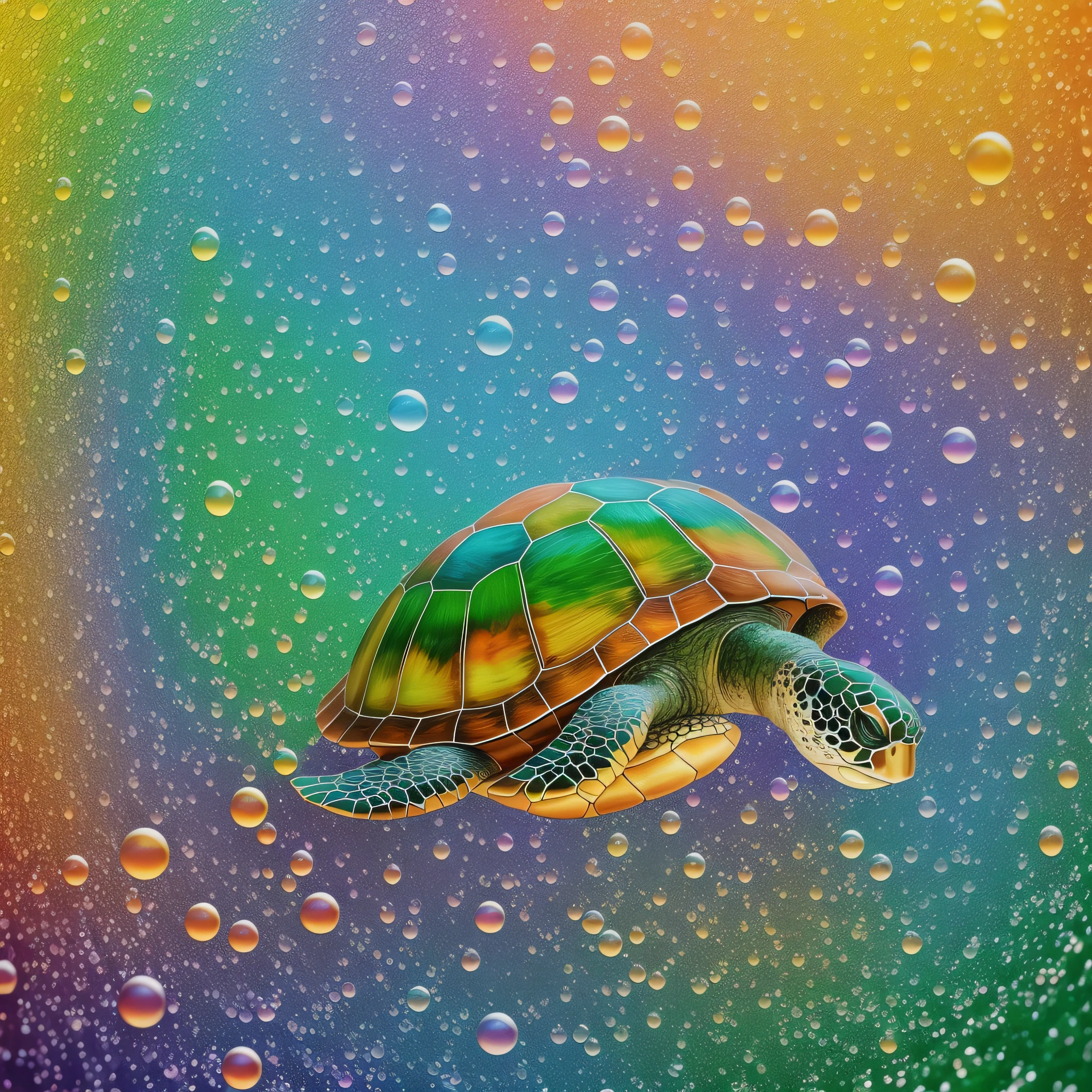 spinning colors with bubbles and droplets forming the image of a turtle --auto --s2
