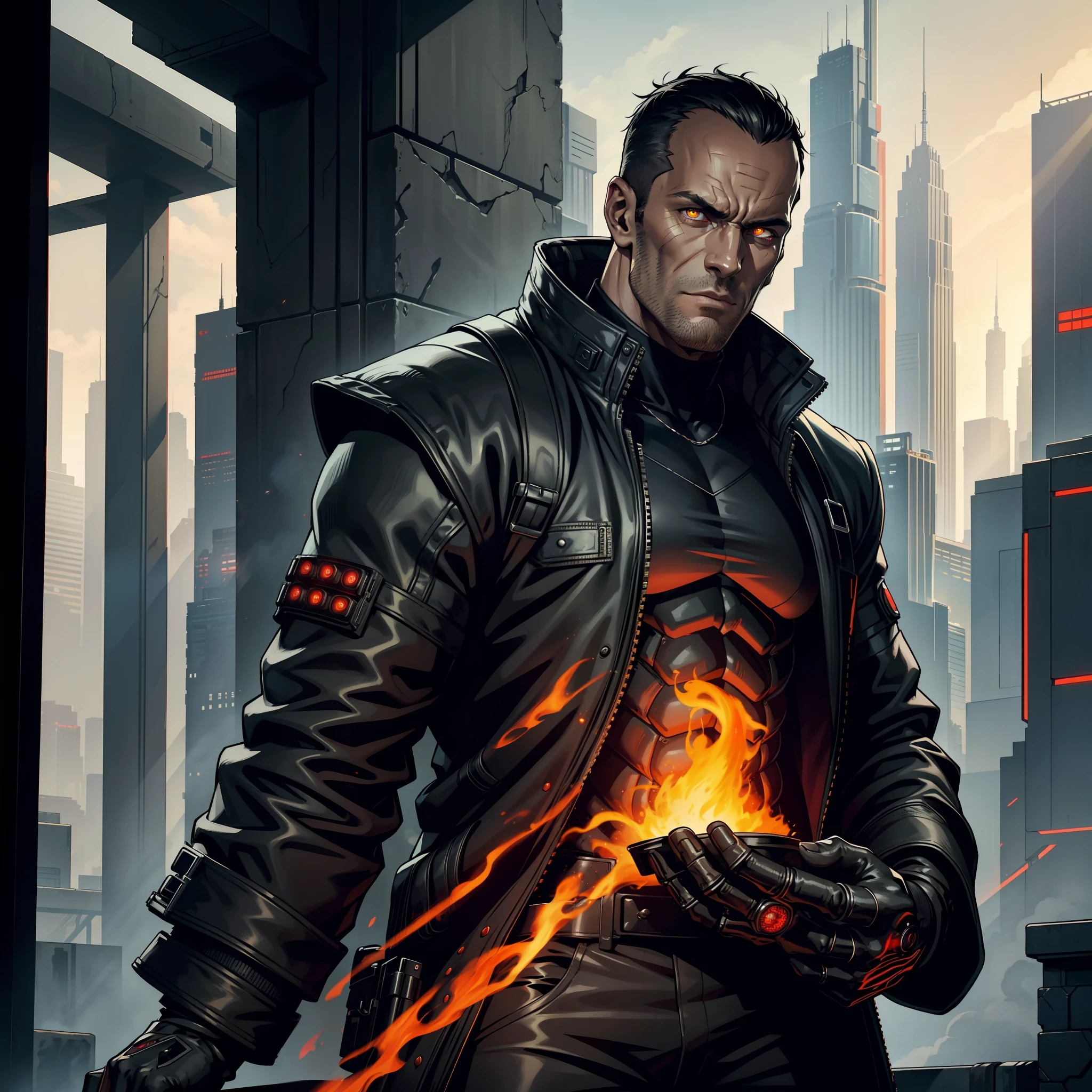 "(black cyberpunk jacket:1) (1man) dark theme :: focus on closeup face, rebellious face, Jason Statham face, ultra realistic futuristic cyberpunk muscular man, red dragon scales on the body, red dragon scales on the hands, red dragon scales on the face, in front of cyberpunk buildings :: very short black hair :: cool cybernetic black jacket :: yellow dragon eyes ::  flames coming out of hands :: natural lighting :: bokeh :: 8k :: best quality :: masterpiece :: insanely detailed:1.5"