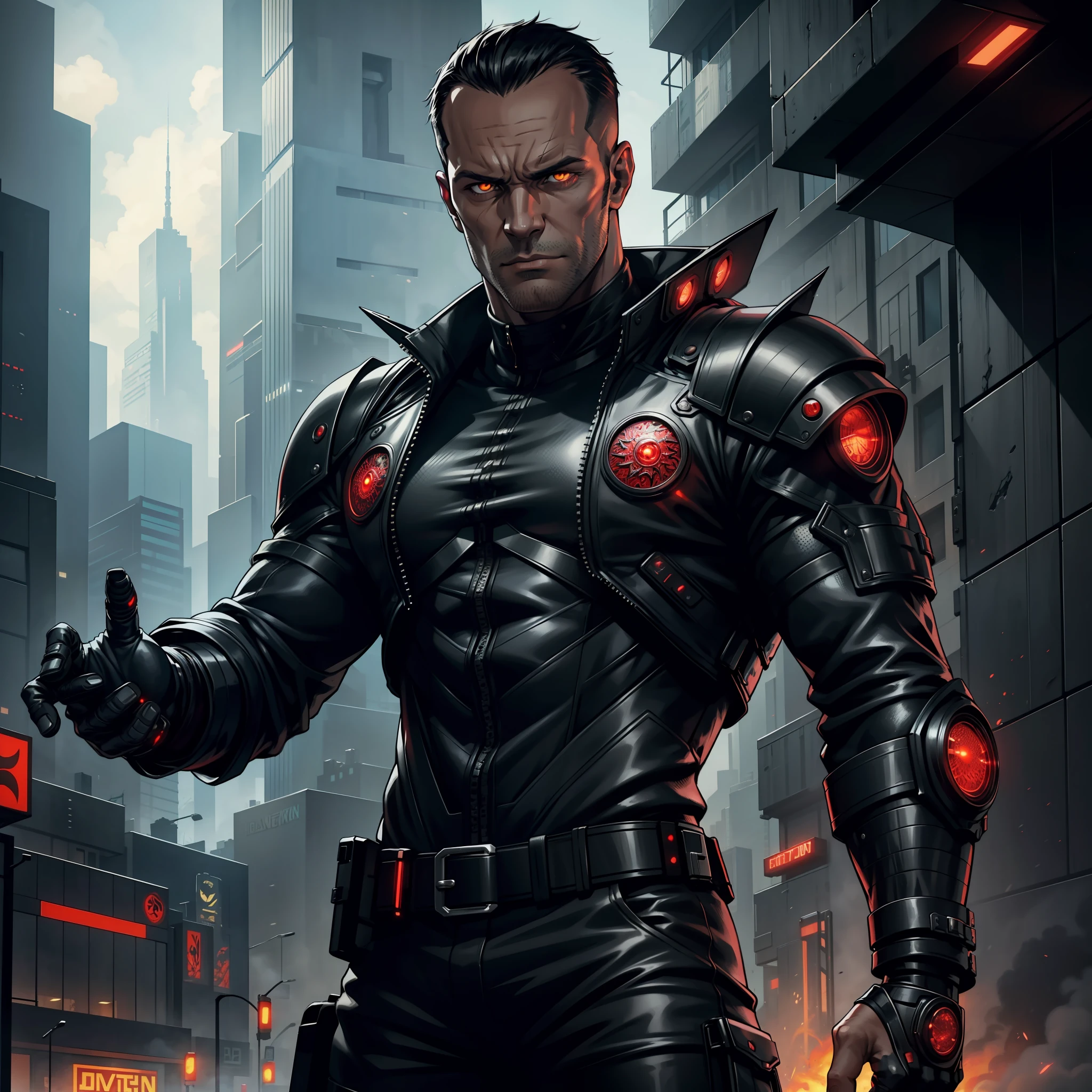 "(black cyberpunk jacket:1) (1man) dark theme :: focus on closeup face, rebellious face, Jason Statham face, ultra realistic futuristic cyberpunk muscular man, red dragon scales on the body, red dragon scales on the hands, red dragon scales on the face, in front of cyberpunk buildings :: very short black hair :: cool cybernetic black jacket :: yellow dragon eyes ::  flames coming out of hands :: natural lighting :: bokeh :: 8k :: best quality :: masterpiece :: insanely detailed:1.5"