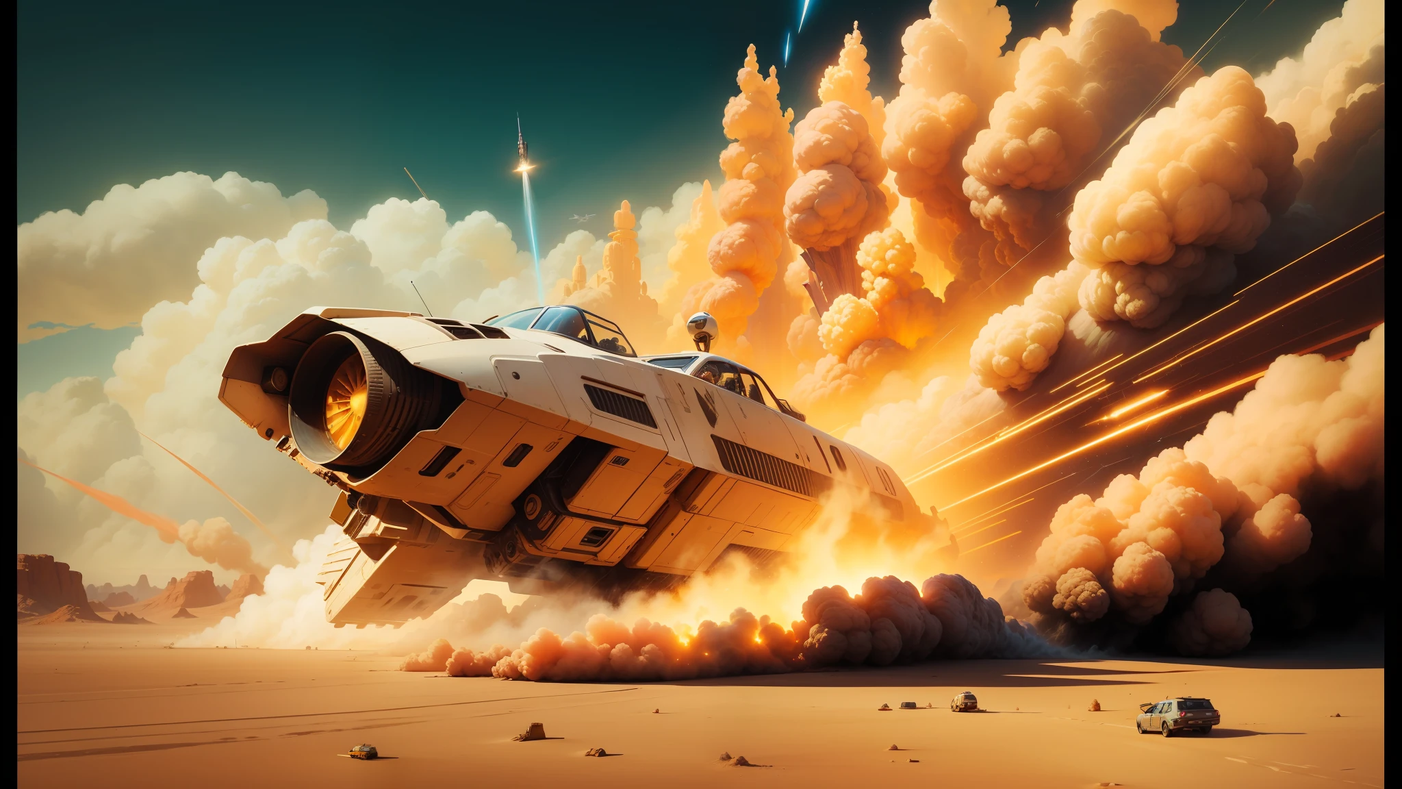 spaceship in the desert with a huge explosion of smoke coming out of it, featured on dribbble, by Jason Edmiston, crashed spaceship!!, cinemascope, trending digital art, the caterpillar, scimitar, demolition, don davis, smuggler, 1/100 obturation speed, digital art h 9 6 0, falcon --ar 16:9 --auto --s2