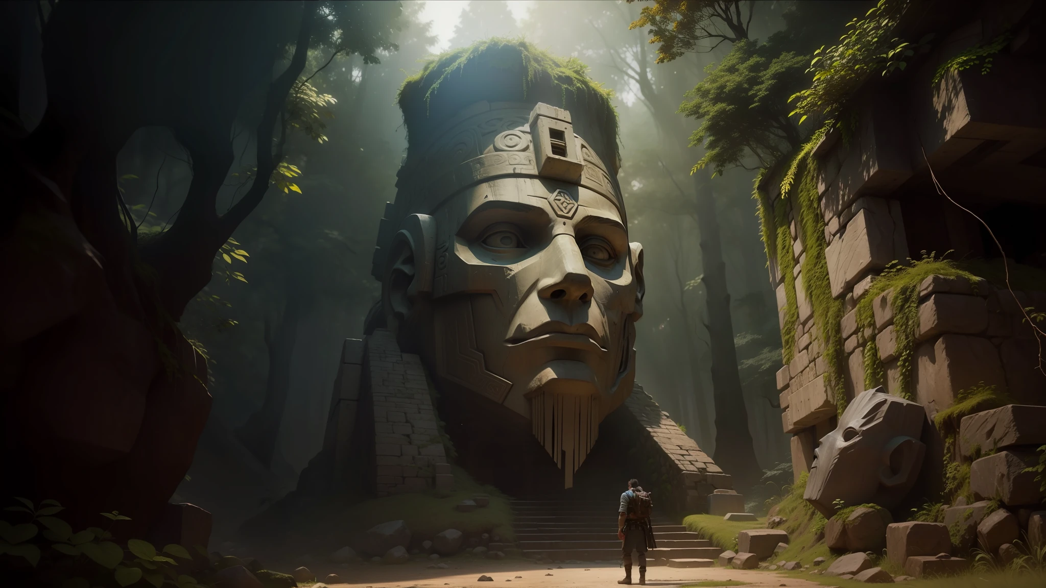 there is a stone statue in the middle of a forest, stone eyes, oxaguian 3d epic, still from the movie 'tomb raider', by Simon de Vlieger, ancient sacred architecture, monstrous mask, anamorphic widescreen, photorealistic-n 9, neoandean architecture, ps 2 graphics, today's featured photography 4k, psytrance --auto --s2