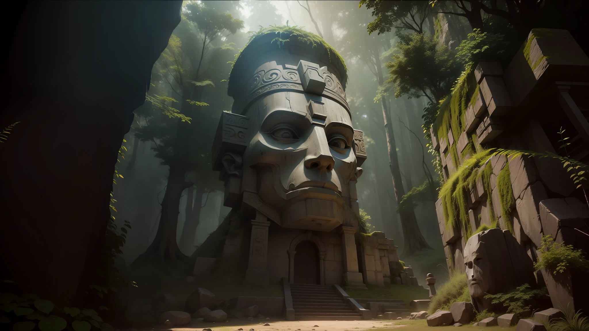there is a stone statue in the middle of a forest, stone eyes, oxaguian 3d epic, still from the movie 'tomb raider', by Simon de Vlieger, ancient sacred architecture, monstrous mask, anamorphic widescreen, photorealistic-n 9, neoandean architecture, ps 2 graphics, today's featured photography 4k, psytrance --auto --s2