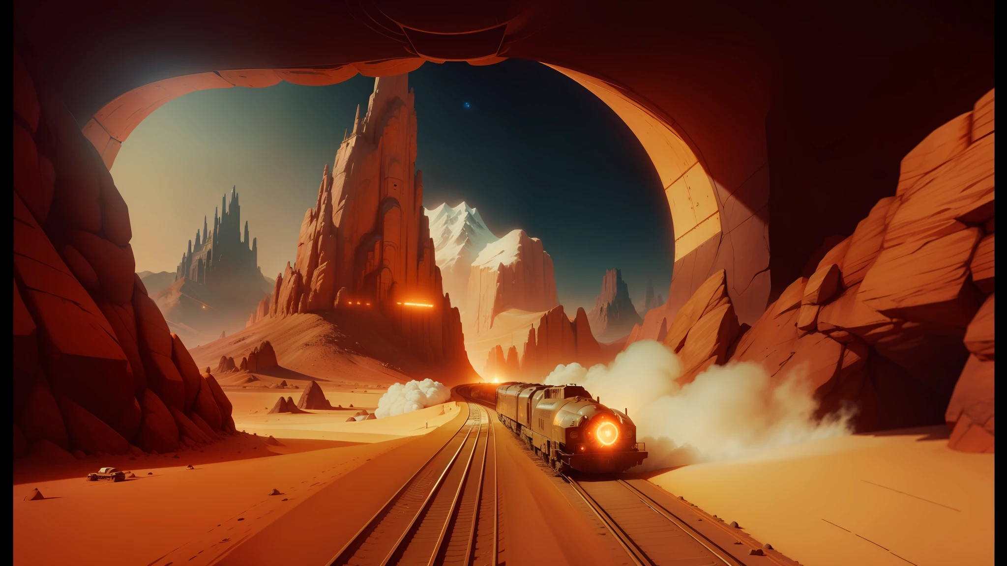 there is a train going through a tunnel with a mountain in the background, still from movie dune, heavy metal art style, faithful cinematic color scheme, space race, playable trailer, martian sands background, glowing engines, racers --ar 16:9 --auto --s2