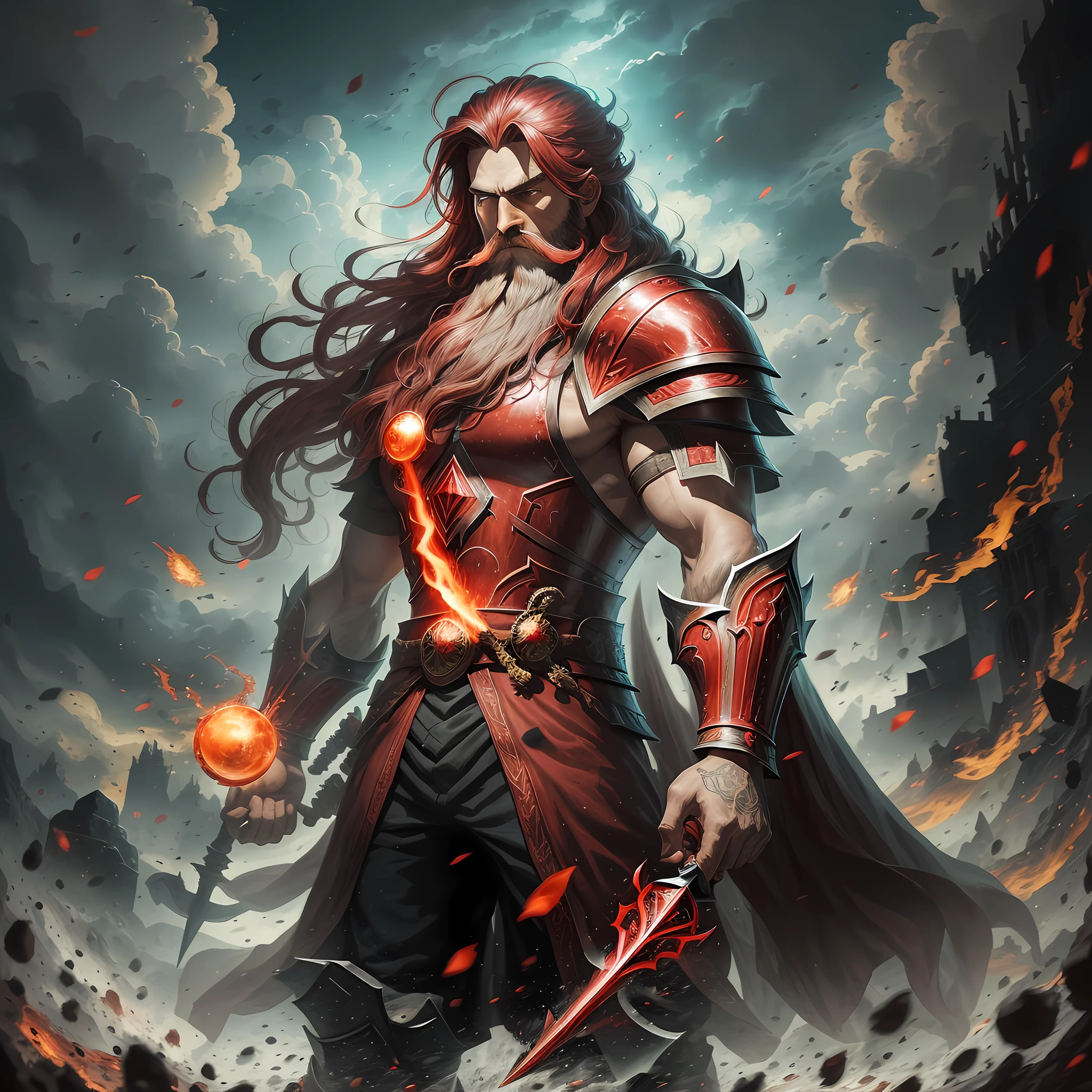 A long-bearded wizard with a red energy around him ready to attack his enemies in a war. The magician wears armor as a warrior, he is a war mage, his strength and his spells are for fighting in war. He is attacking his enemies on the battlefield