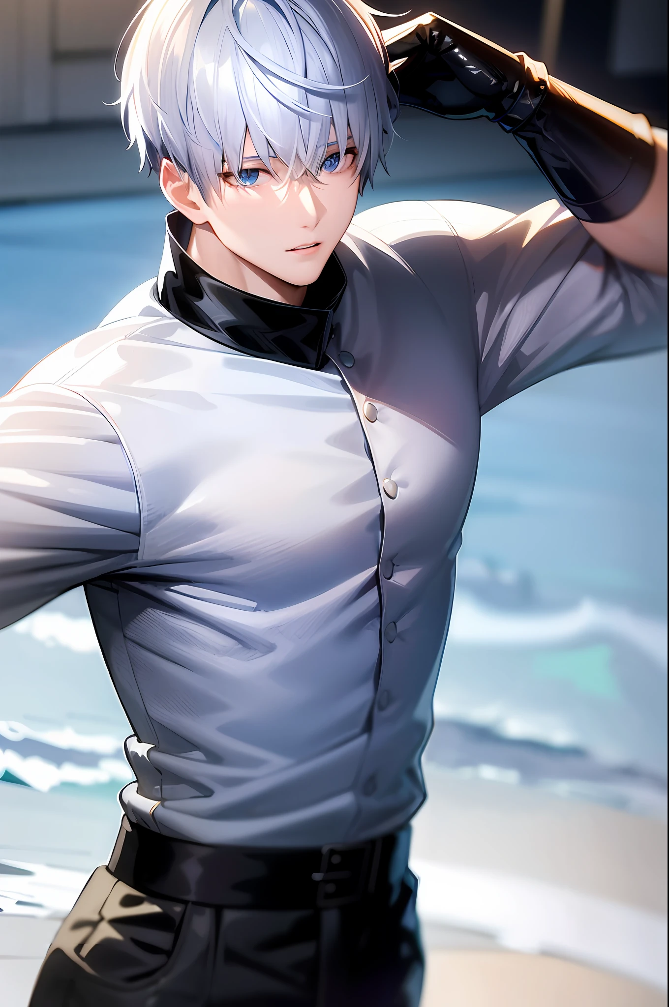 "An exquisitely detailed and beautifully rendered CG artwork featuring the epic, blue-eyed protagonist Gojou Satoru gazing directly at the viewer while standing at the sea background, wearing his iconic white short sleeve, styled with a captivating hairdo, accentuated with bangs and hair between eyes, highlighting his distinctive and stylish white and short hair. This dynamic composition expertly showcases his strong male focus, with an emphasis on his upper body, in a manner that captivates and intrigues viewers."