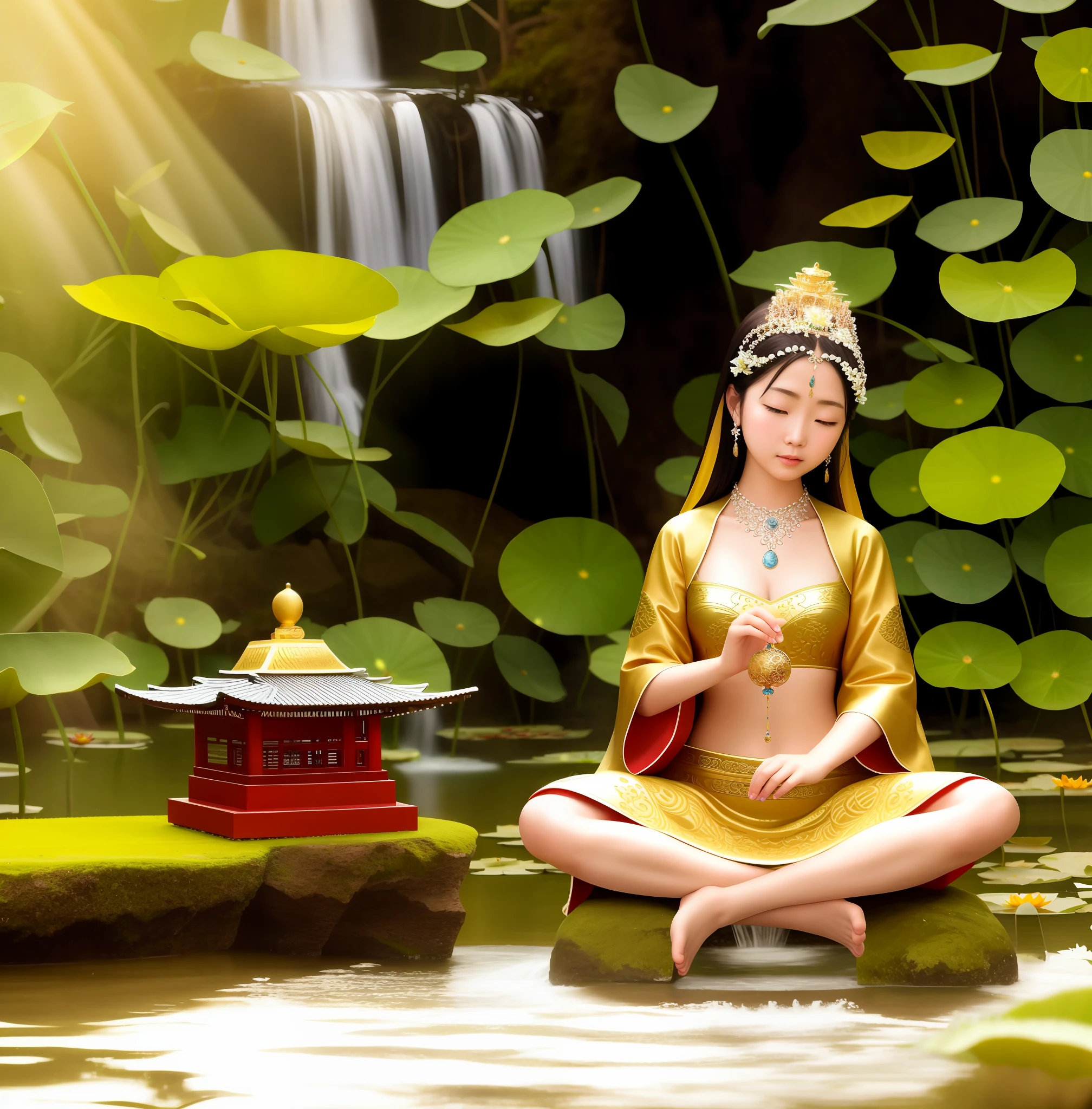 Avalokitesvara sits on a lotus pedestal, Avalokitesvara, Avalokitesvara, Chinese temples scattered in a forest not far away, with waterfalls pouring into lakes or streams in the background, mountains and a small splendid lake in the background, lotus flowers in the foreground, crystal clear Well-defined fingers, well-defined toes, well-defined features, jewelry, leaves, lilies, water lilies, necklaces, plants, solo, Chinese temples, paths, cherry blossoms, sharp focus, sun rays, sparkling ripples, wind ripples, super high detail, real photo, intricate detail, perfect composition, beautiful intricate detail, 8k photography, photorealism, masterpiece, real photo, image enhancement, image postprocessing, image retouching