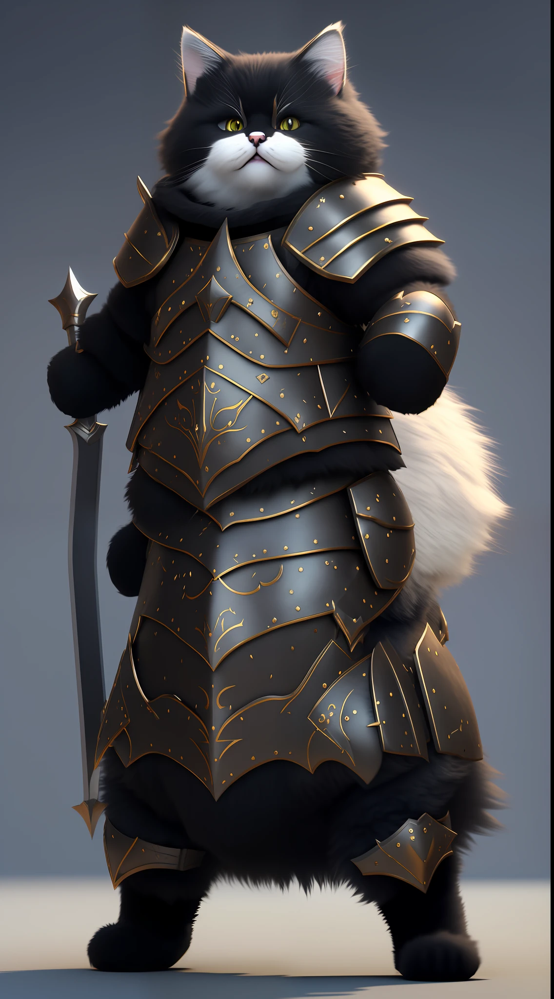 Super cute fluffy cat warrior in armor, realistic, 4K, super detailed, vray rendering, unreal engine, midjourneyart style, black coat, chubby, attack