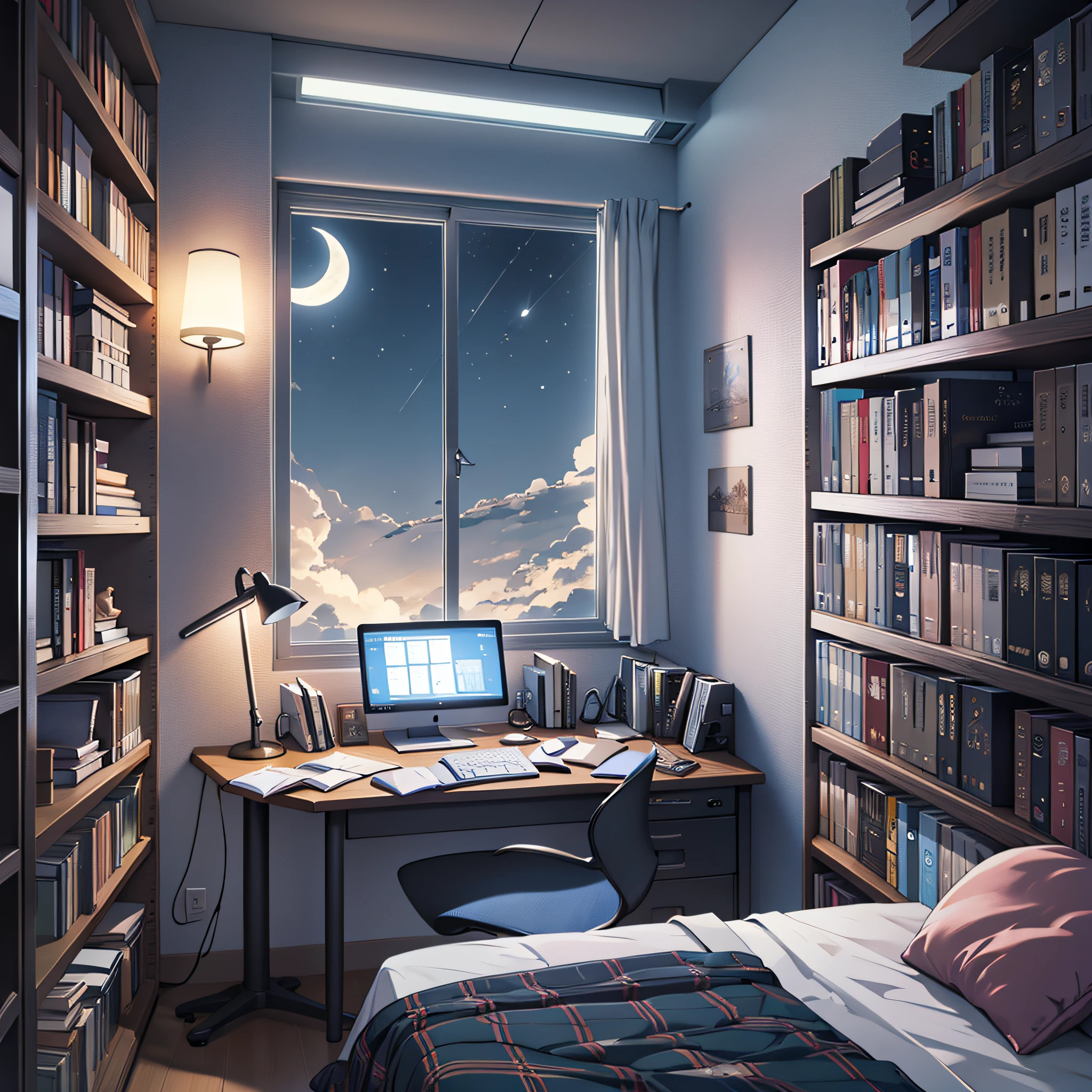 A student's room, with books, computer, window with the moon, high quality --auto --s2