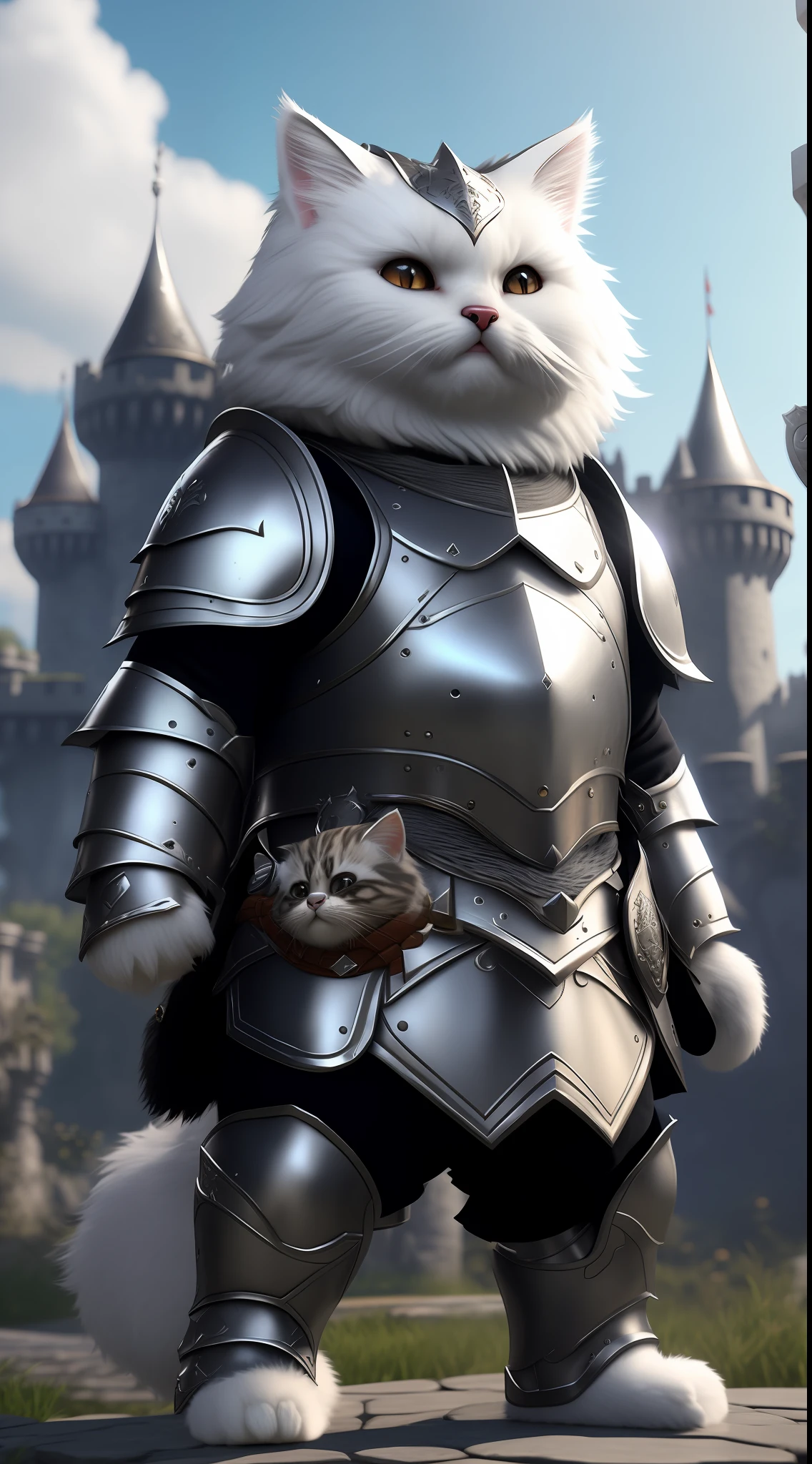 Super cute fluffy cat warrior in armor, realistic, 4K, super detailed, vray rendering, unreal engine, midjourneyart style, silver coat, chubby, dynamic pose, castle