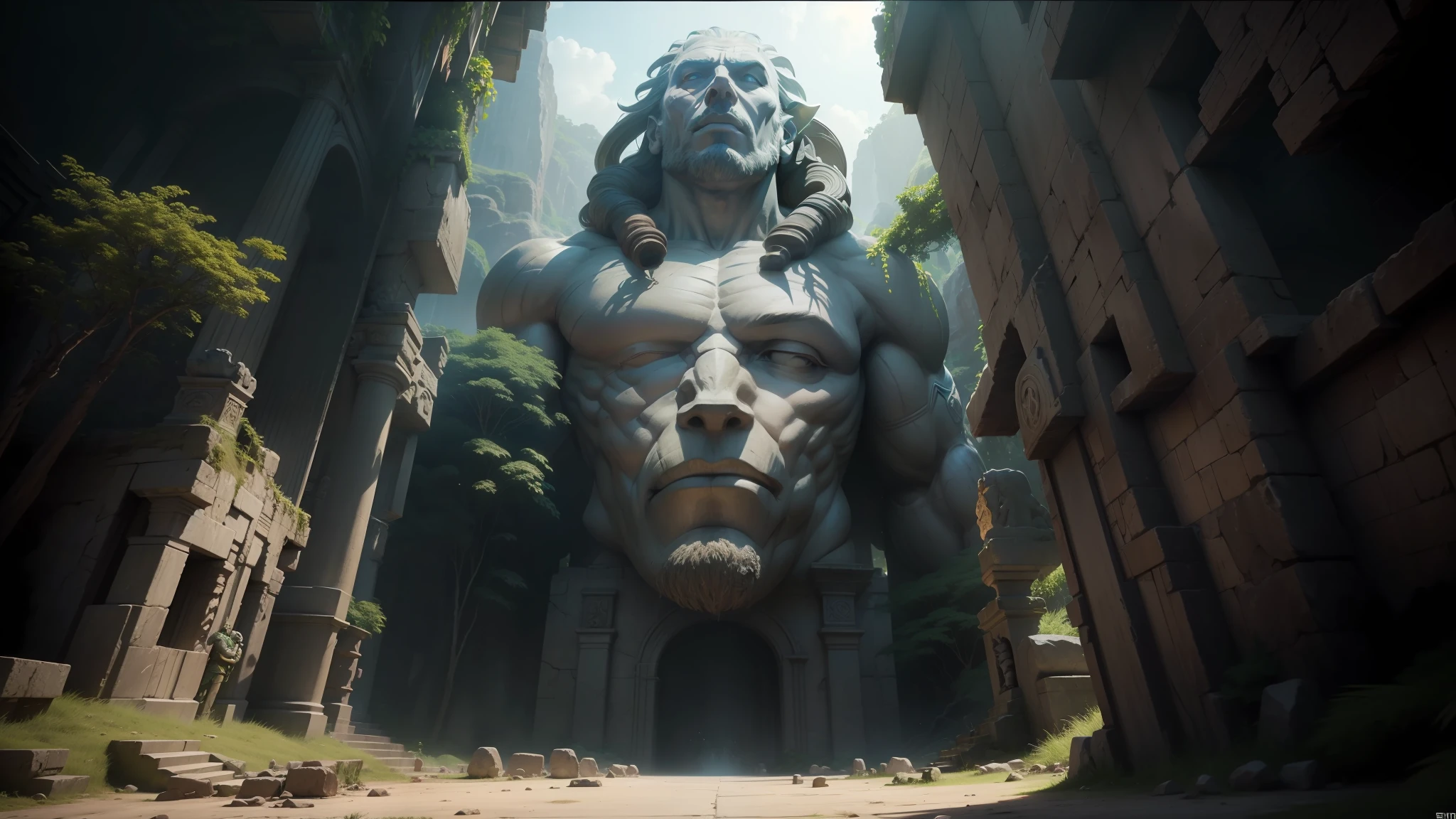 there is a statue of a man with a stone face, stone eyes, jungle background with ruins, #vfxfriday, neo-andean architecture, youtube video screenshot, computer game art, still image from film, head of Giant Man, Rendered in Lumion, Atlantis, Moviestill, Quetzalcoatl, Island, Avengers (2012) --auto --s2