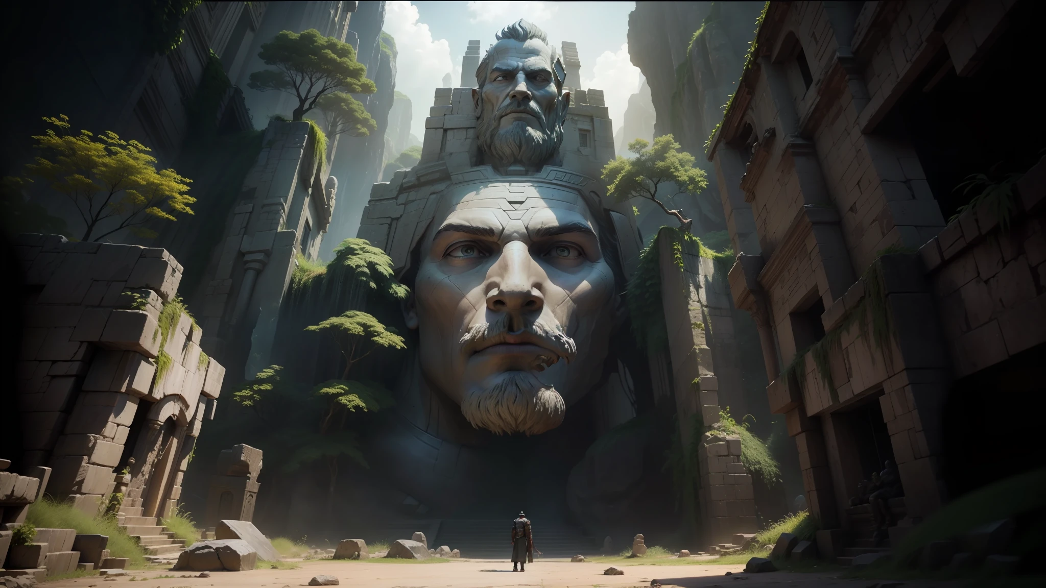 there is a statue of a man with a stone face, stone eyes, jungle background with ruins, #vfxfriday, neo-andean architecture, youtube video screenshot, computer game art, still image from film, head of Giant Man, Rendered in Lumion, Atlantis, Moviestill, Quetzalcoatl, Island, Avengers (2012) --auto --s2