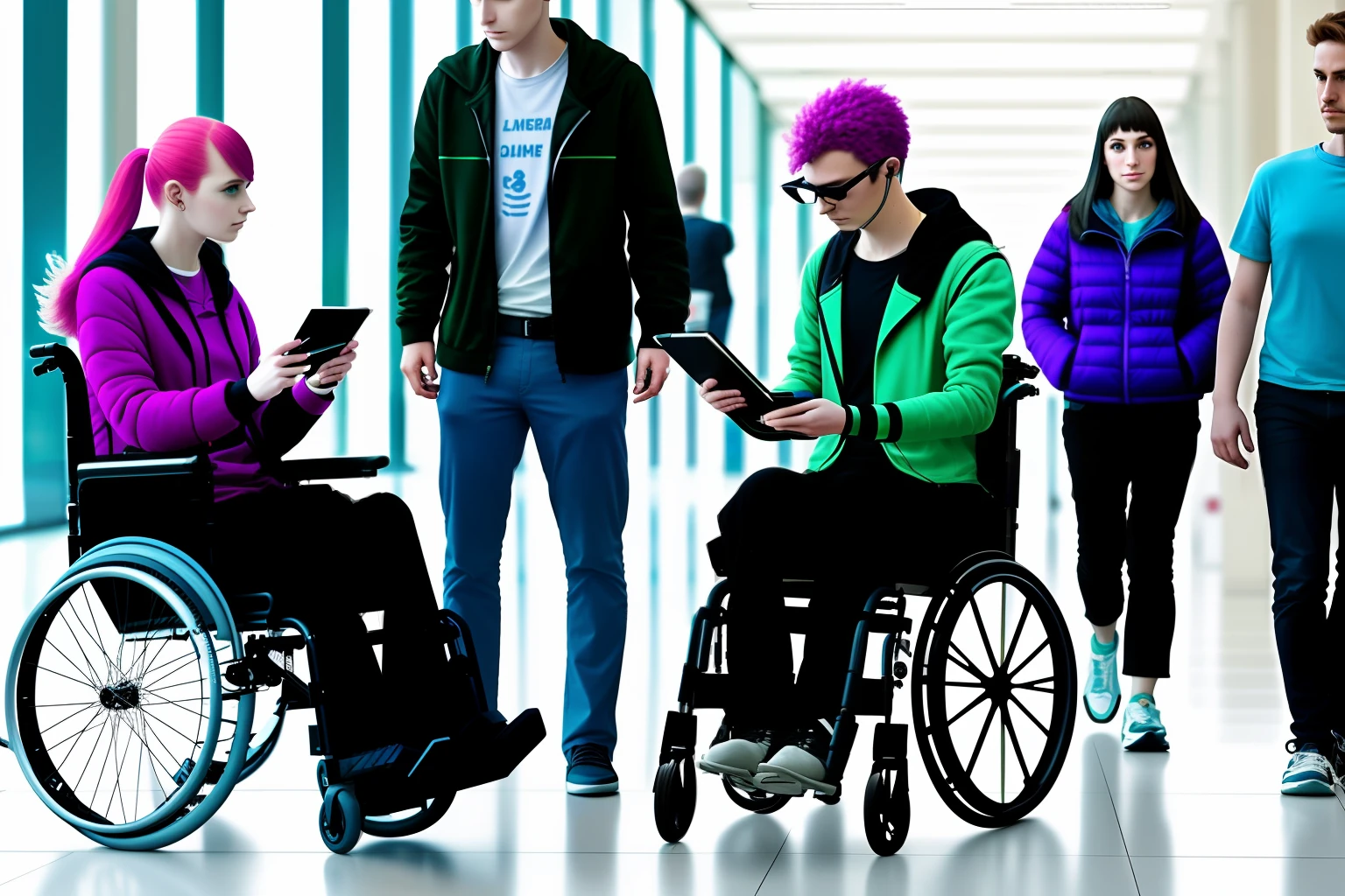 Generate wheelchair user in the mall and with tablet in hand, cyberpunk style