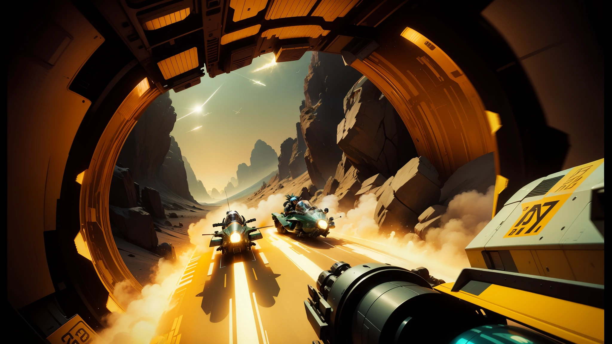 arafed woman in a helmet and goggles in a plane, tuomas korpi and wlop, youtube thumbnail, furious gorgeous woman, outrun style and colours, 70's jetfighter pilot girl, flares anamorphic, wojtek fus, motorbikers race in hell, cgsociety - w 1 0 2 4 - n 8 - i, 3dcg --ar 16:9 --auto --s2