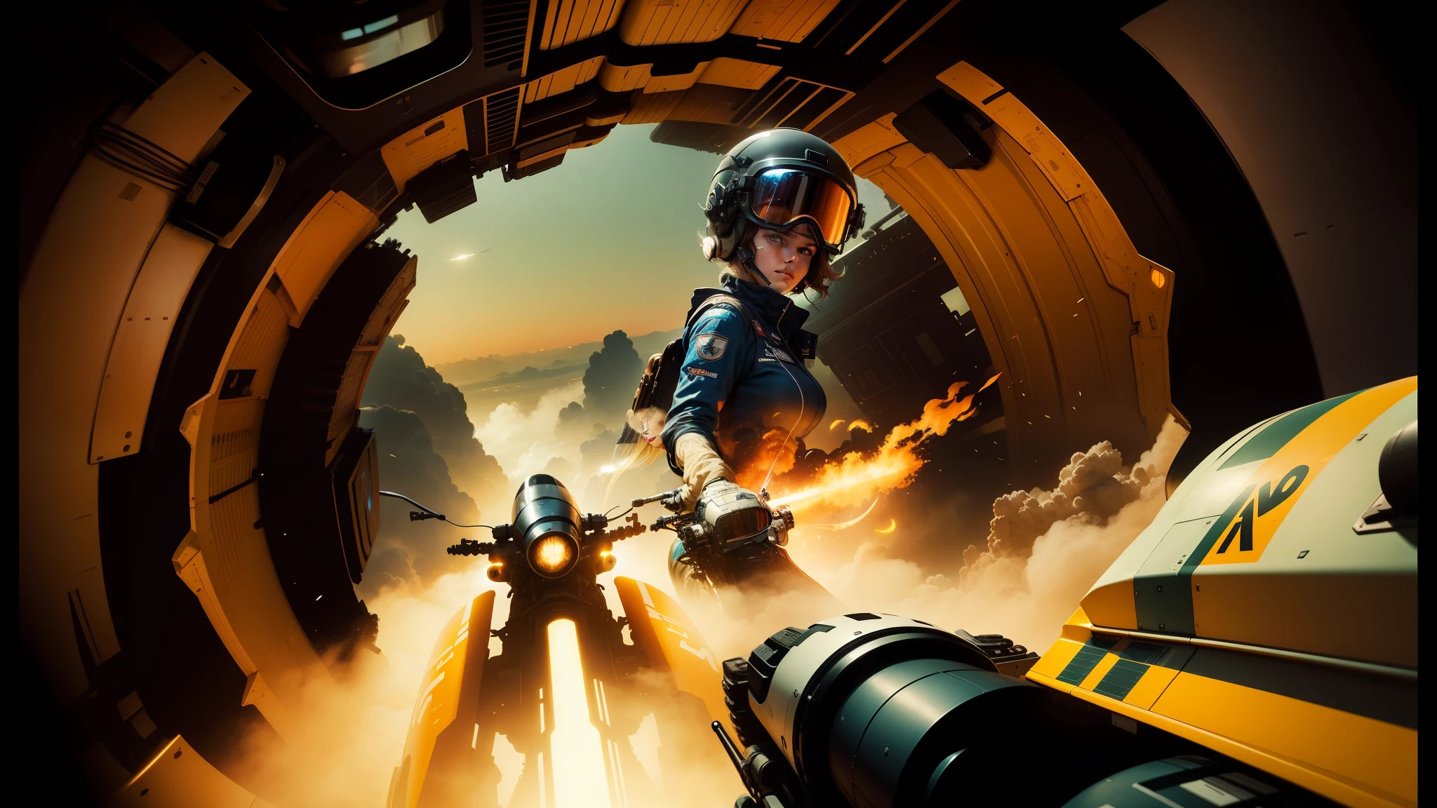 arafed woman in a helmet and goggles in a plane, tuomas korpi and wlop, youtube thumbnail, furious gorgeous woman, outrun style and colours, 70's jetfighter pilot girl, flares anamorphic, wojtek fus, motorbikers race in hell, cgsociety - w 1 0 2 4 - n 8 - i, 3dcg --ar 16:9 --auto --s2