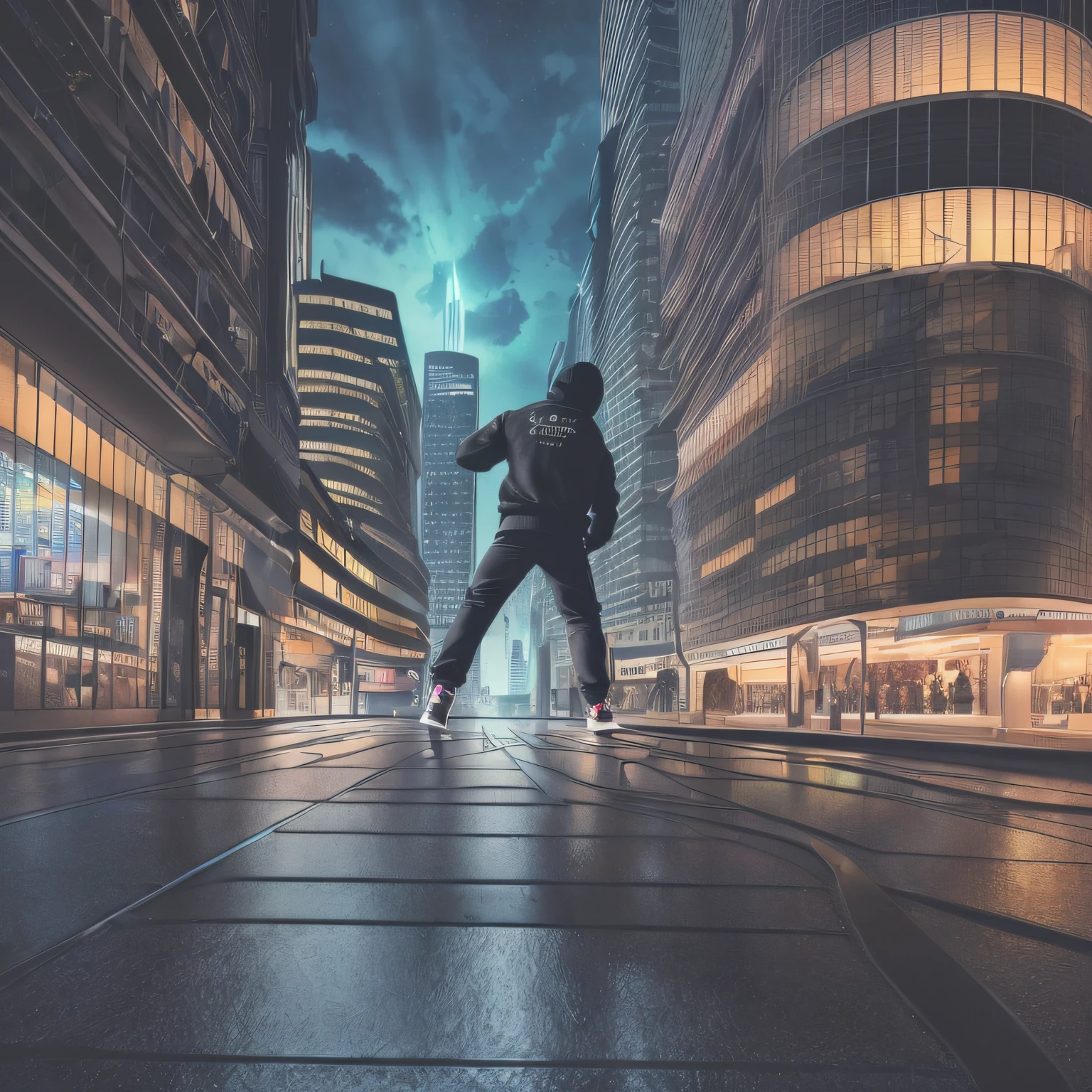 ((atmospheric perspective, superrealism, 3D design, ultra-detailed), (rear view of black man with sweatshirt, flying), 1.2, observing night buildings: 1.1, neon lights, (widescreen: 1.2)), light wind, day, atmospheric scene) --auto --s2